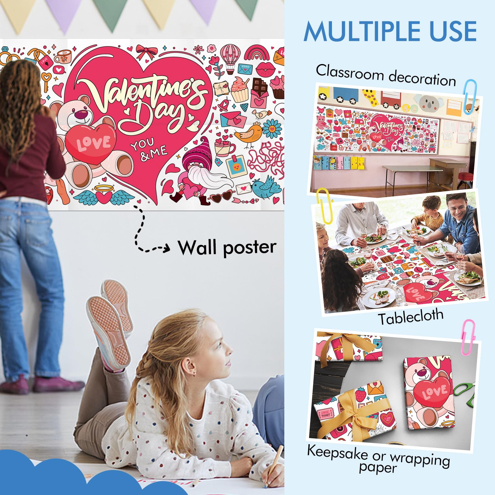 JellyPanda Valentines Day Large Coloring Tablecloth for Kids Valentines Coloring Poster Pages Little Bear Heart Paper for Classroom Home School Party