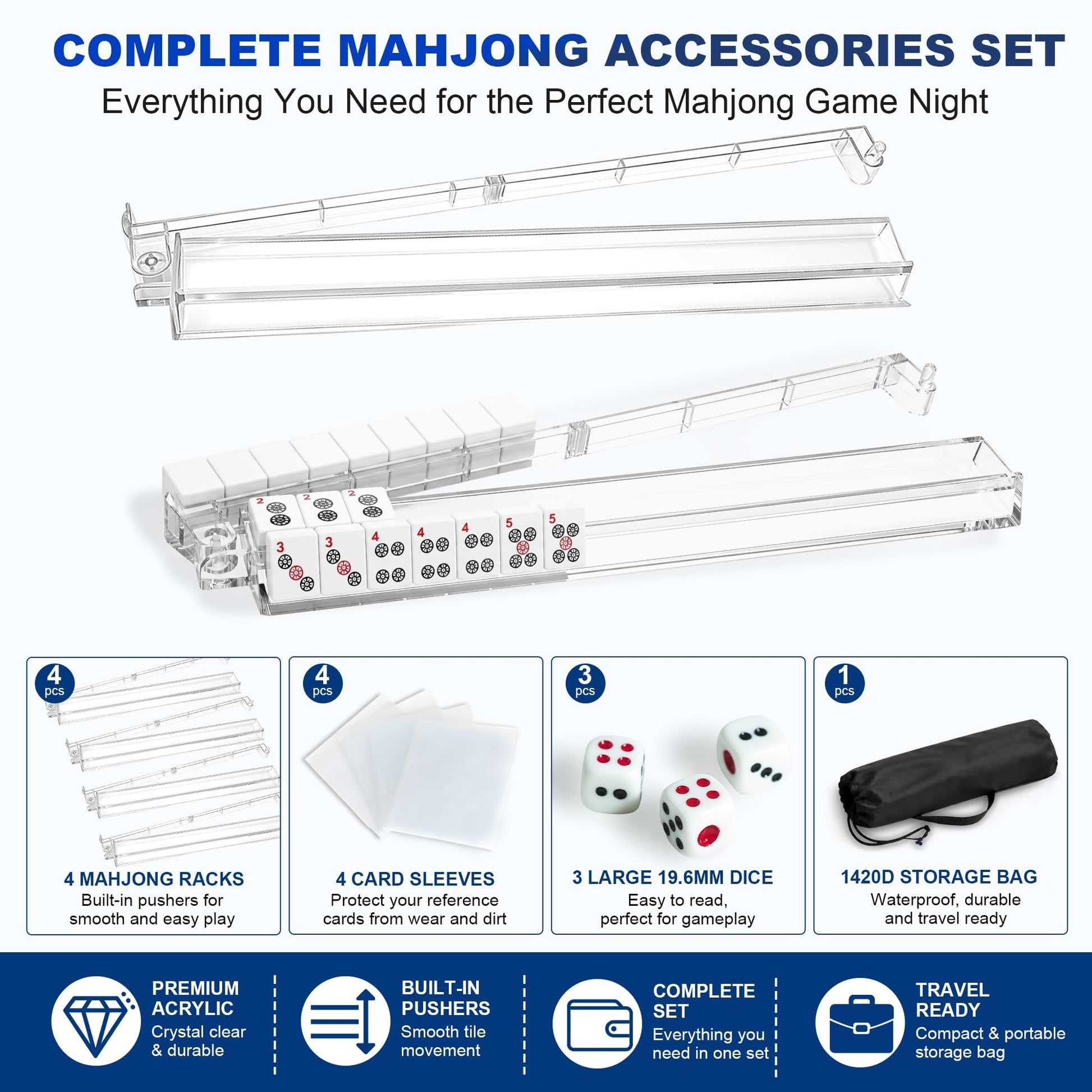 American Mahjong Racks with Pushers Complete Accessories Set, 4 Clear Acrylic Mahjong Racks, 4 Card Sleeves, 3 Large 19.6mm Dice, 420D Waterproof