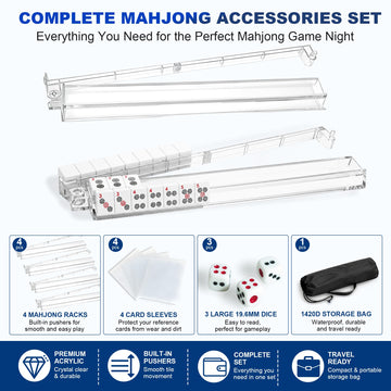 American Mahjong Racks with Pushers Complete Accessories Set, 4 Clear Acrylic Mahjong Racks, 4 Card Sleeves, 3 Large 19.6mm Dice, 420D Waterproof