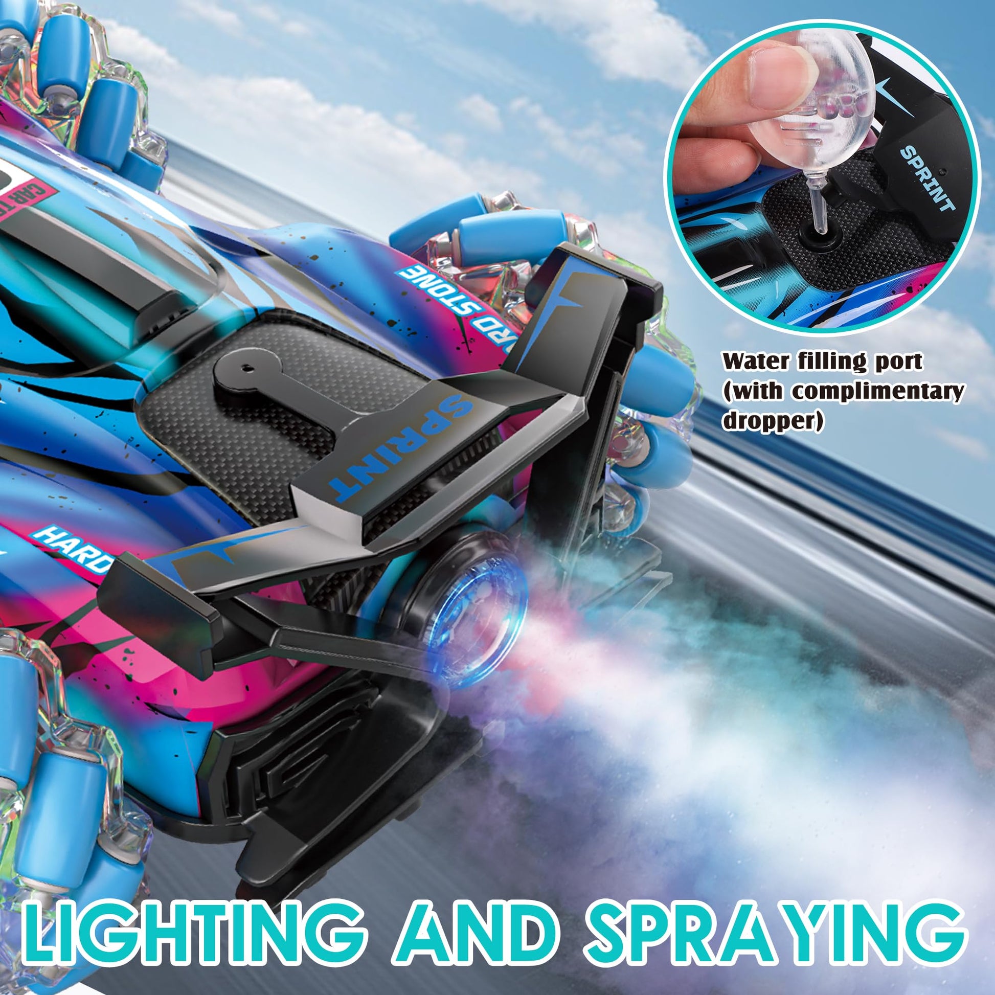 SPRSHY RC Stunt Car Toys - Gesture Remote Control Racing Cars Comes with Spray,Lights,360° Rotation for Kids,Vehicle Birthday Gifts for Boys and Girls