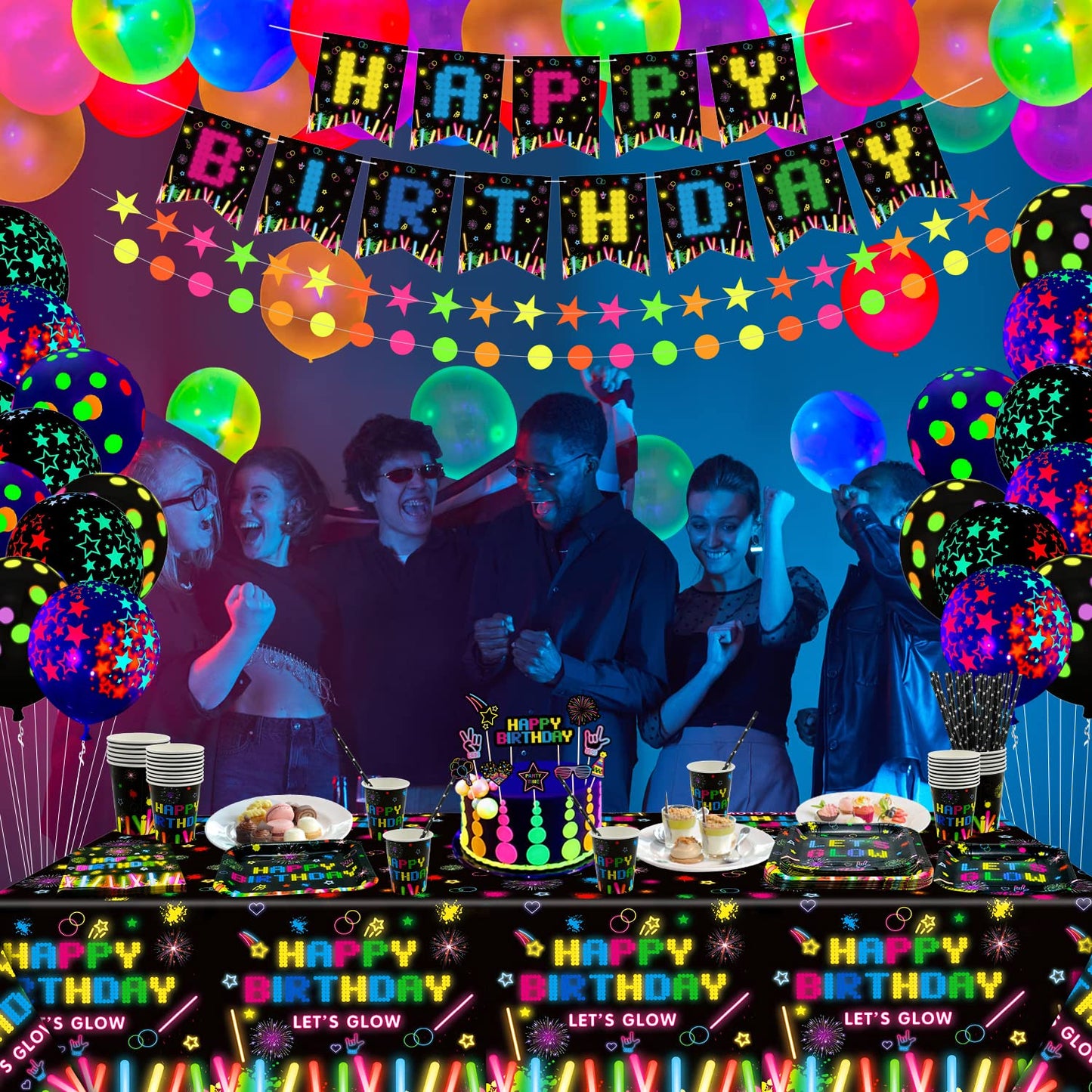 241 PCS Glow Neon Party Supplies Neon Glow Tableware Set Neon Balloon Glow in the Dark Birthday Banner Hanging Star Cake Toppers for Blacklight Party