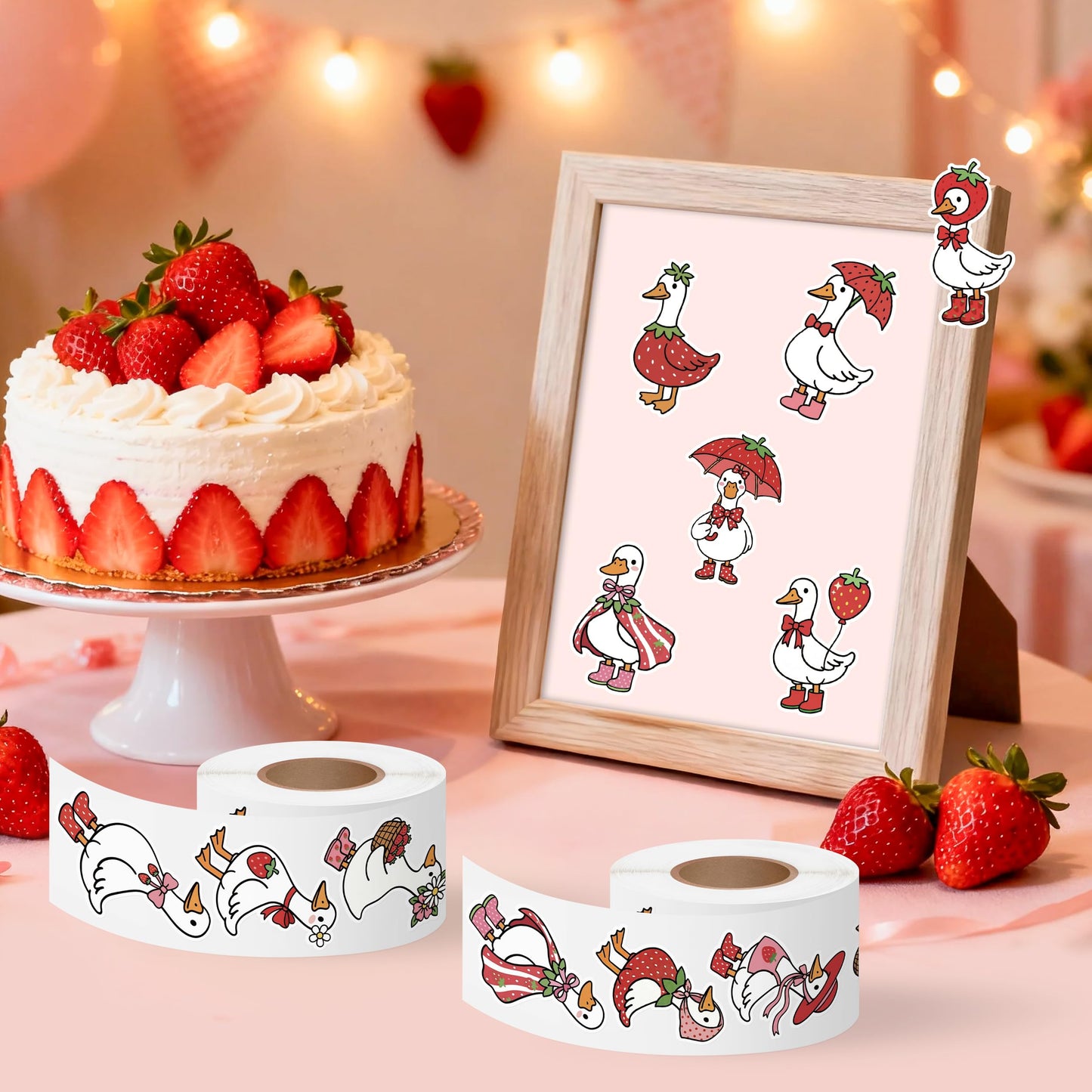 5wsech Summer Strawberry Goose Roll Stickers - 1000Pcs Pink Red Bow Strawberry Silly Goose Decals, Funny Summer Holiday Decorative Stickers Gift