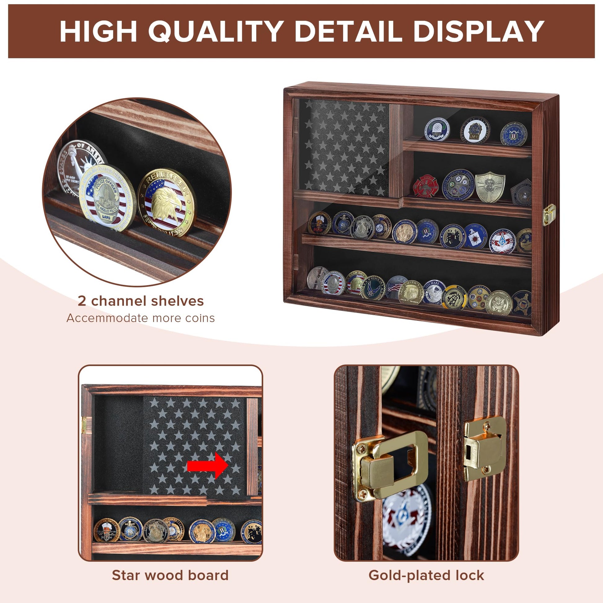 MOCAS Challenge Coin Display Case, Lockable Military Coin Holder Cabinet with Removable Star Board & HD Tempered Glass Door, Solid Wood Wall Mount