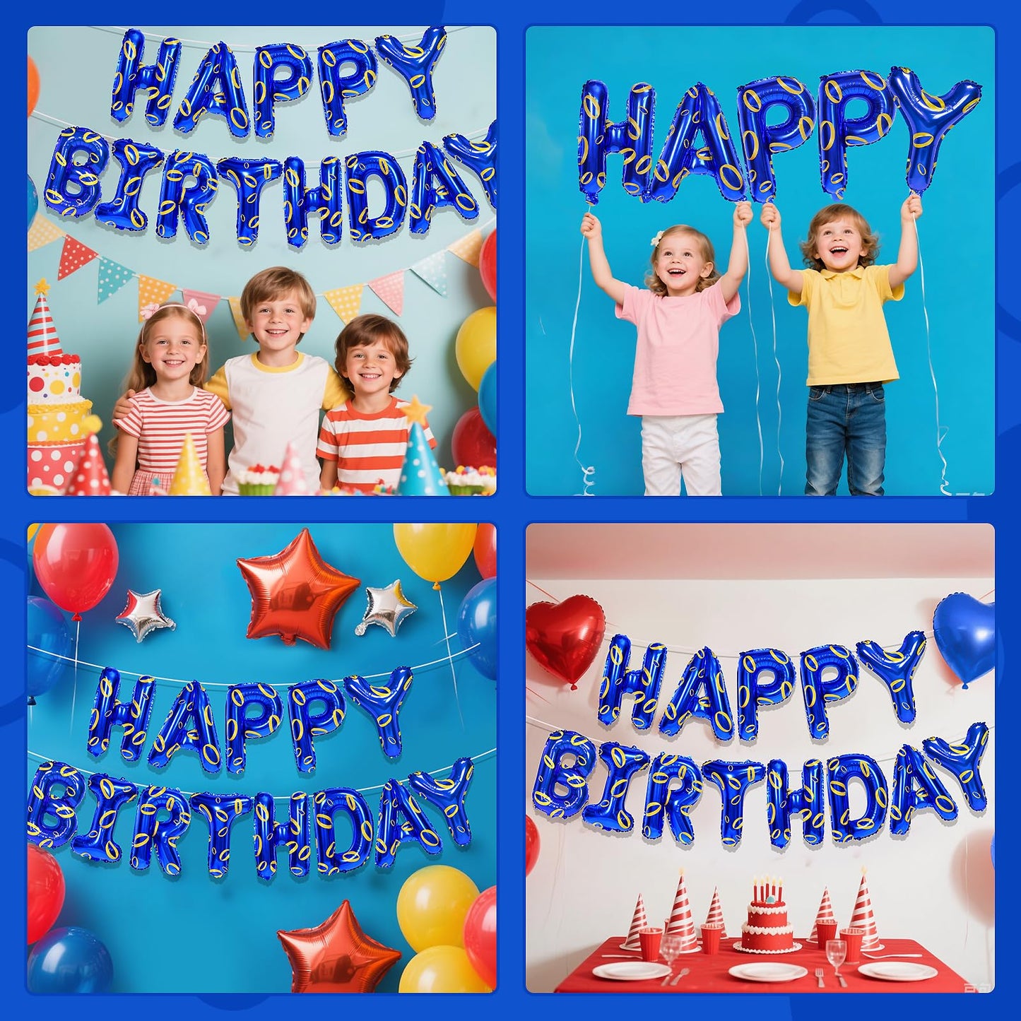 Cartoon Blue Hedgehog Theme Happy Birthday Banner Party Decorations Supplies Blue and Gold Ring Print Balloons Letters Signs Backdrop for Boys Kids