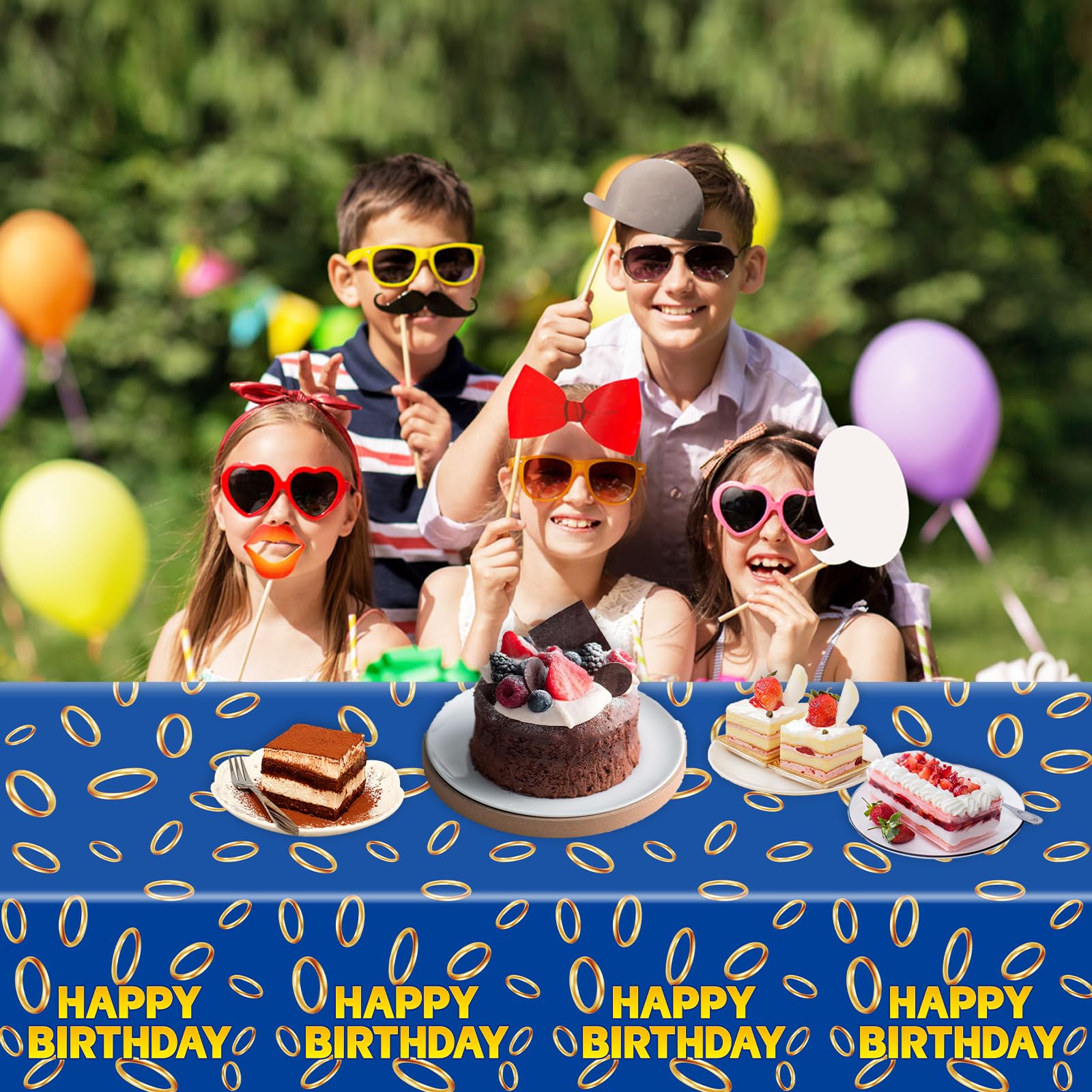 Lecinc 3 Pcs Blue with Gold Ring Print Plastic Tablecloth 108 x 51.2 Inches Table Cover Blue with Gold Ring Party Decor for Boys Girls Birthday Party
