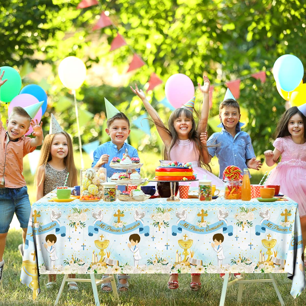 Gupesxu First Communion Decorations-3pcs Blue Mi Primera Comunion Tablecloth Baptism Table Covers for Boy Newborn Baby Shower Table Cloth for First