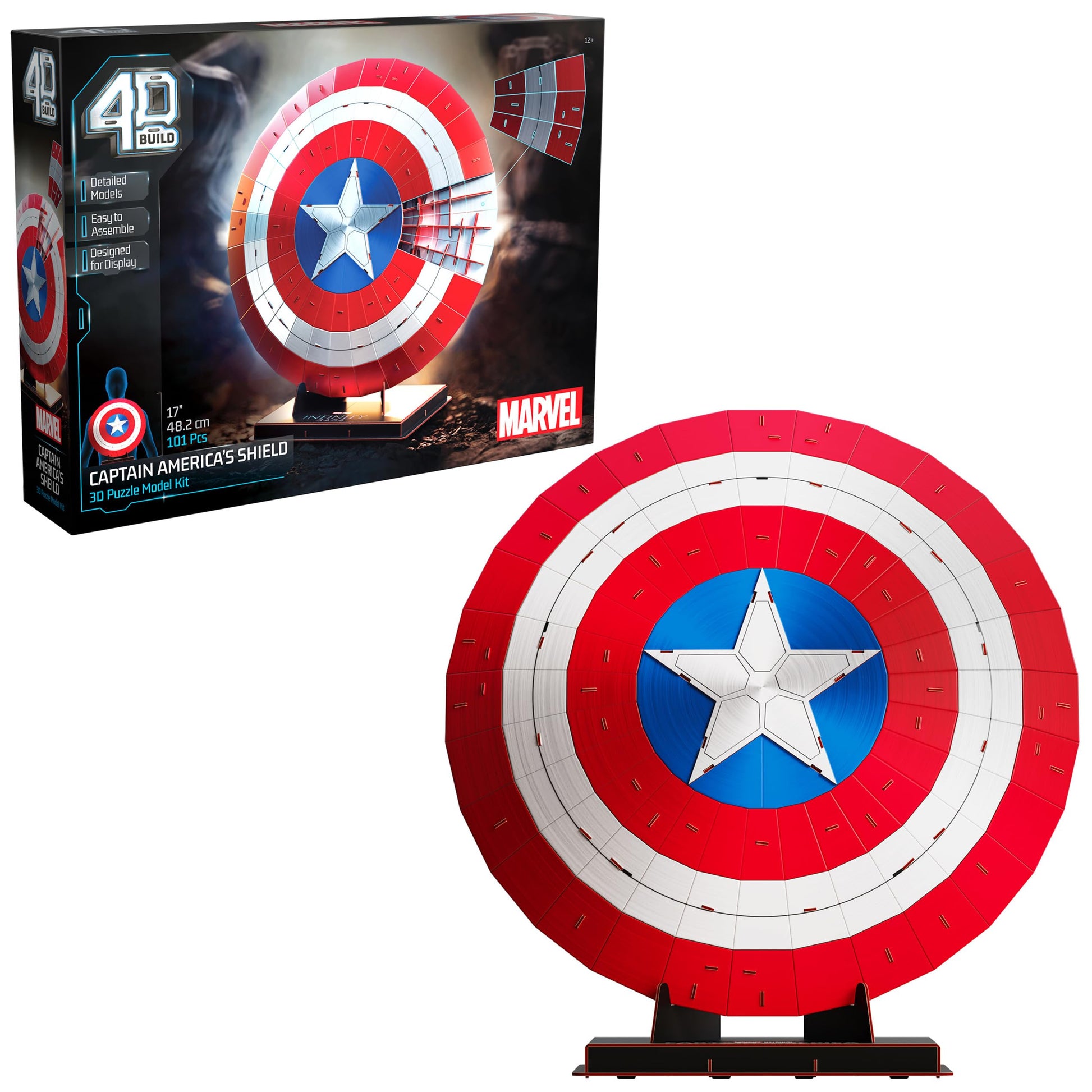 4D Build, Marvel Captain America Shield 3D Model Kit with Stand, Marvel Collectibles & Desk Décor, Adult Puzzle, Building Toys, 3D Puzzles for Adults