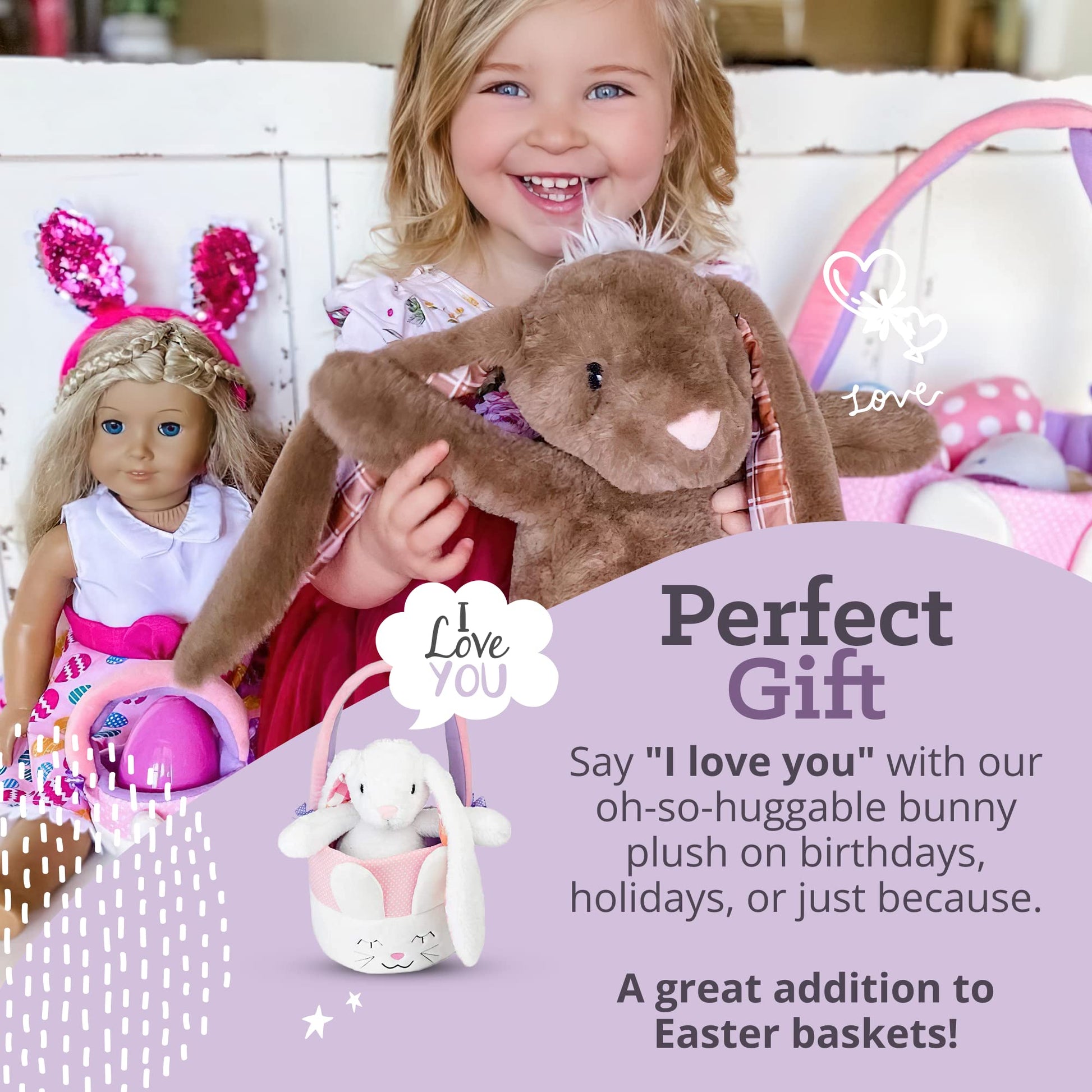Plushible Easter Bunny Stuffed Animal, 14" (Brown) - Soft Embroidered Stuffed Bunny Plush Toy for Kids, Newborns, Boys & Girls, Cuddly and Adorable