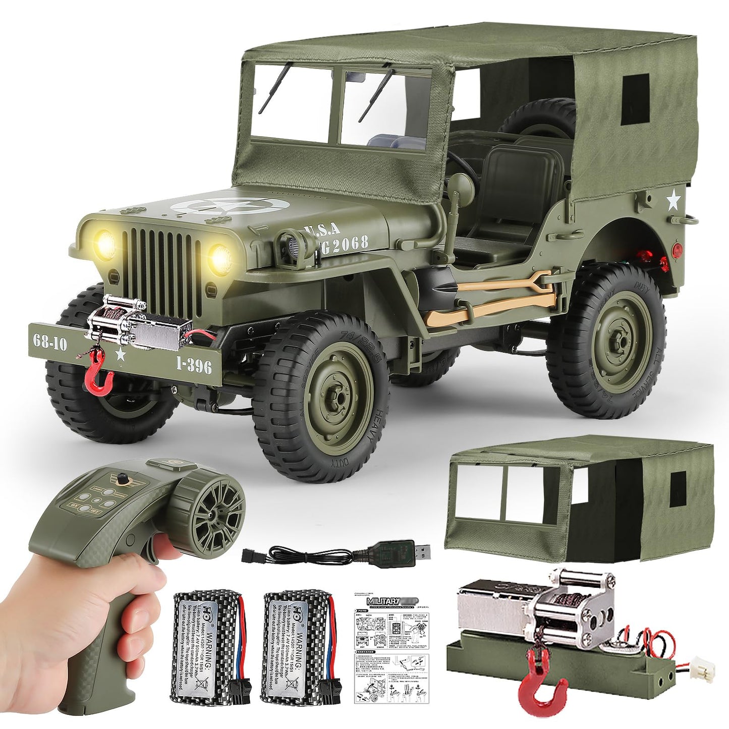 toylefun 1/10 Scale RC Military SUV, Remote Control 4WD Off-Road Vehicle with Alloy Frame Chassis, with Winch and Capstan, Army Vehicle with Opening