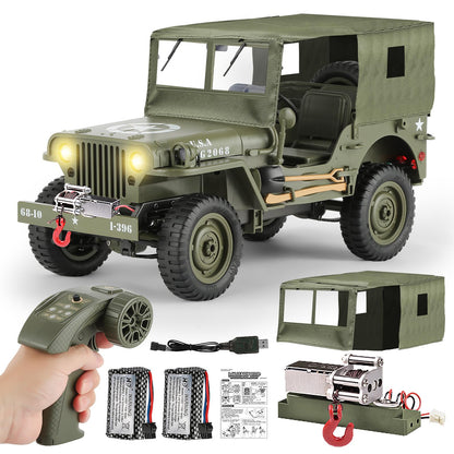 toylefun 1/10 Scale RC Military SUV, Remote Control 4WD Off-Road Vehicle with Alloy Frame Chassis, with Winch and Capstan, Army Vehicle with Opening