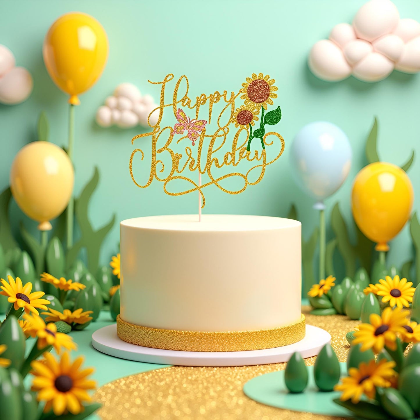 Sleyberoy Gold Glitter Sunflower Happy Birthday Cake Topper
