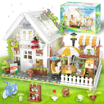 Flower House Building Set, Greenhouse Building Block Set with LED Lights, DIY Greenhouse KIt-Ideal Gifts for Kids and Adults-Plant and Animal Lovers