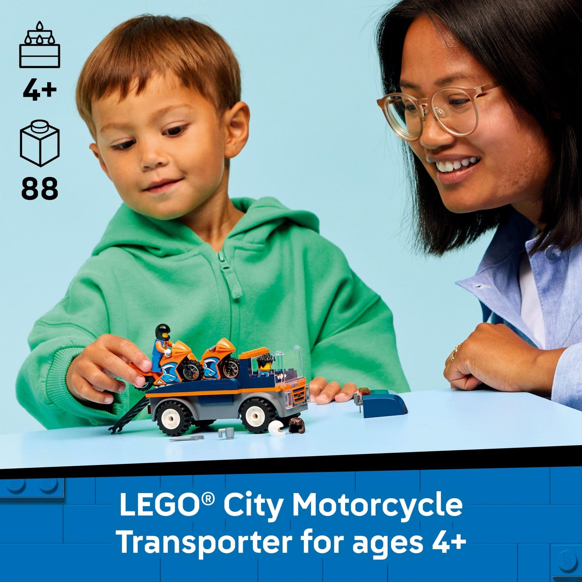 LEGO City Motorcycle Transporter Building Toy for Boys & Girls - Pretend Play Set for Preschool Kids, Ages 4+ - Flatbed Truck Toy W/2 Toy Motorcycles