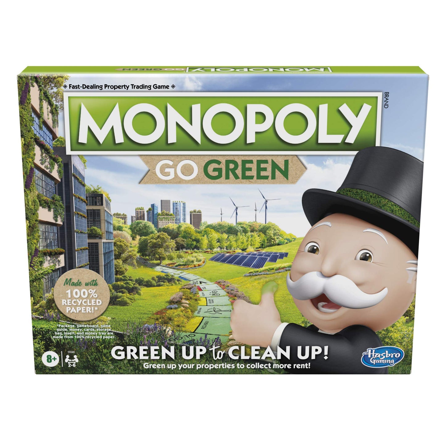 Hasbro Gaming Monopoly: Go Green Edition Board Game | Made with 100% Recycled Paper Parts and Plant-Based Plastic Tokens | Family Board Games | Ages 8