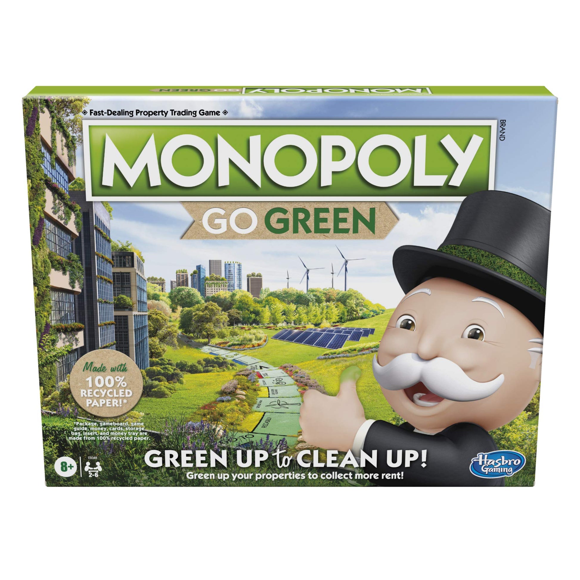 Hasbro Gaming Monopoly: Go Green Edition Board Game | Made with 100% Recycled Paper Parts and Plant-Based Plastic Tokens | Family Board Games | Ages 8