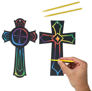 Podzly 50 Scratch Art Cross Ornament Craft Kit - Easter Religious Crafts for Kids, Scratch Art Crosses Church Gifts for Children, Kids Party Favors