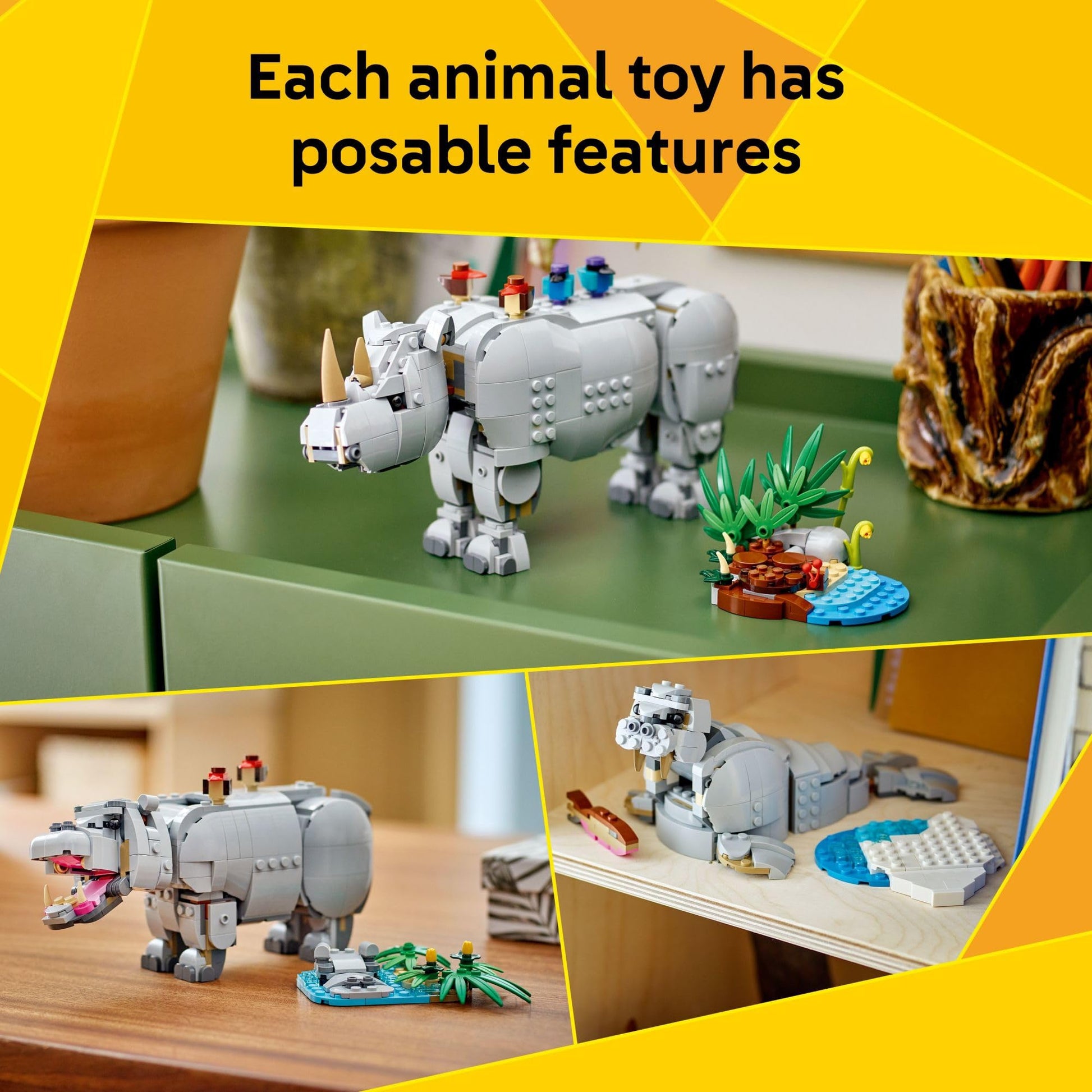 LEGO Creator 3 in 1 Wild Animals: Majestic Rhino with Birds Building Toys for Kids - Safari Pretend Play Toys for Girls & Boys, Ages 9+ - Gift