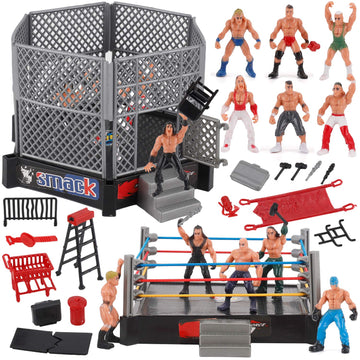 Liberty Imports Ultimate 32-Piece Wrestling Miniature Toys for Kids Pretend Play, Wrestler Figures with 2 Rings & Realistic Accessories for Boys