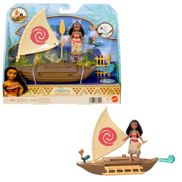 Mattel Disney Toys, Moana Small Doll & Floating Boat Playset with Heihei Rooster Figure, Wave Launcher & 2 Accessories, Inspired by Movie