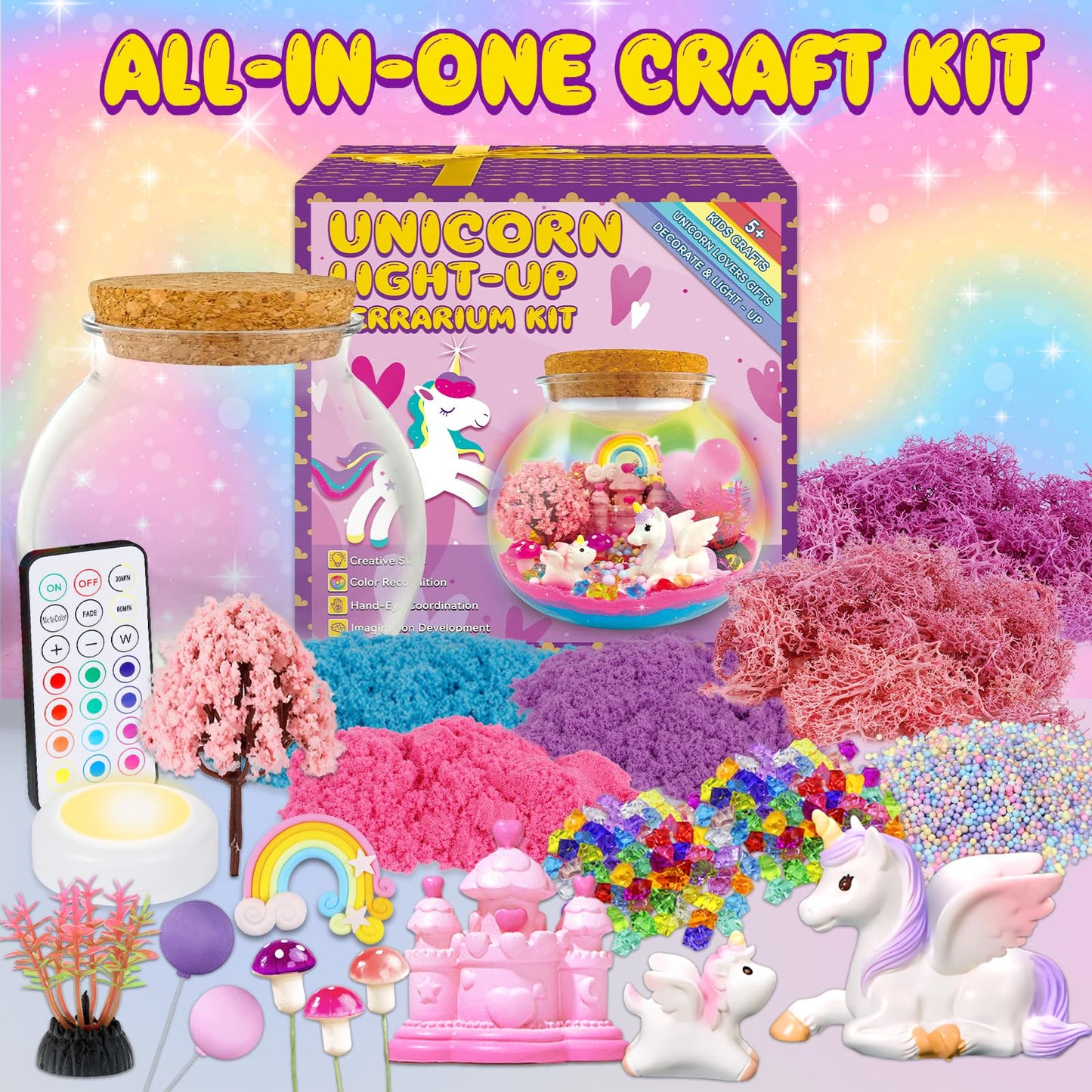 7july Unicorn Terrarium Crafts Kit for Kids-LED Night Light Up & Remote Unicorn Birthday Gifts Toys for Girls Ages5 6 7 8 9 10 Year Old-Christmas