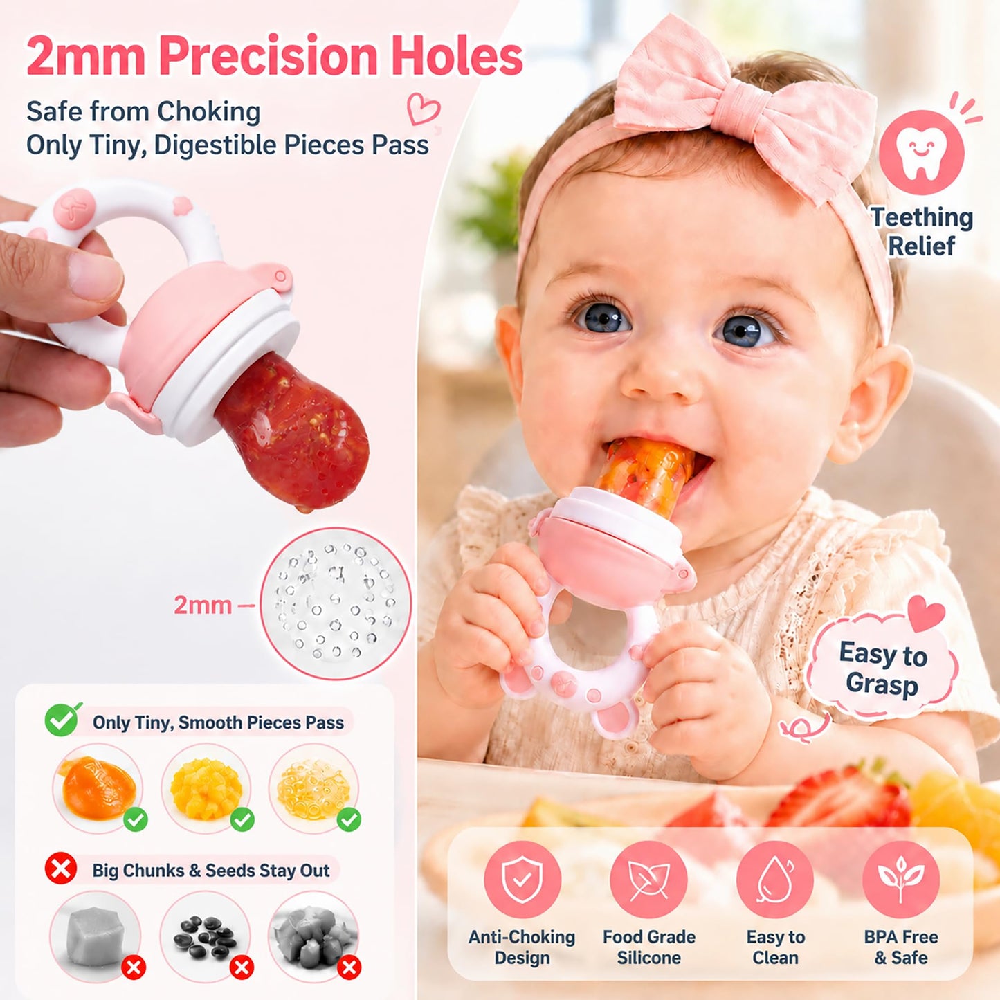 JOCHEBED Baby Fruit Food Feeder Pacifier, Silicone Teething Relief Toy, 2-Pack with 6 BPA-Free Pouches, Light Pink, 3-24 Months