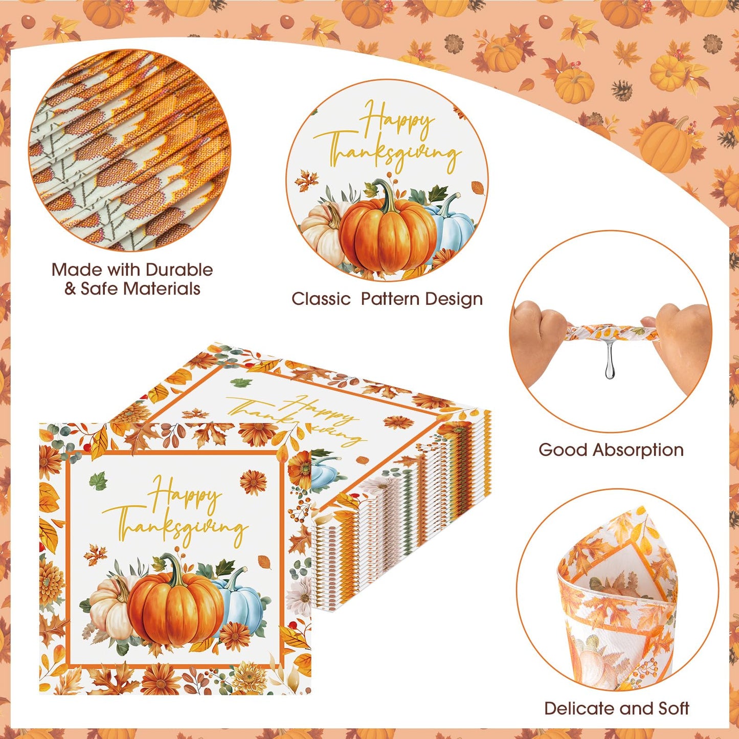 40 Pcs Happy Thanksgiving Napkins - 6.5 Inch Fall Watercolor Paper Napkins, 3-ply Disposable Pumpkin Maple Leaf Cocktail Napkin Tableware Set