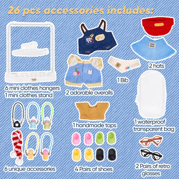 Mini Doll Clothes Accessories Set for 17cm Blind Box Figures, 4 Pairs Shoes 2 Pairs Glasses 2 Hats 4 Pendants 1 Hanger 1 Dust Bag, Fits Labubu