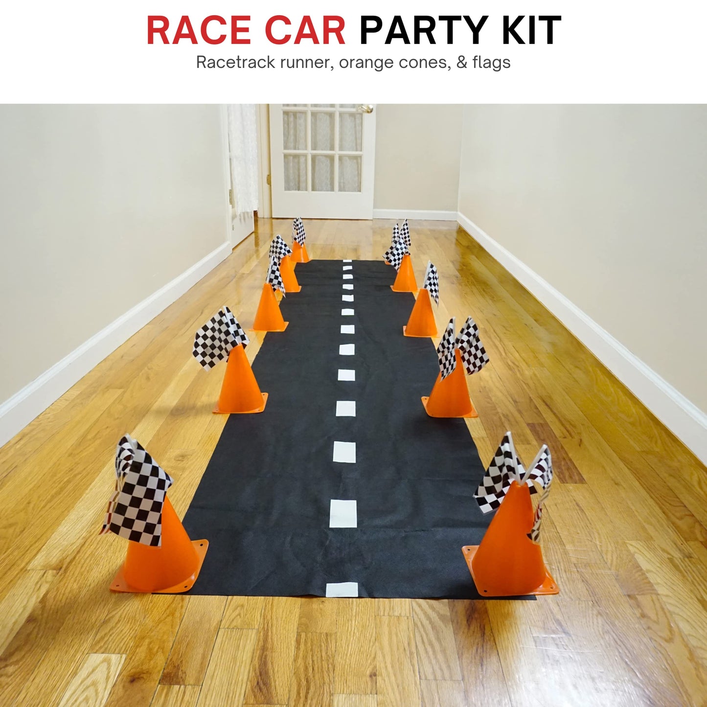 4E's Novelty 38 Pieces Set - 12 Traffic Cones With Hole on Top, 24 Checkered Flags, Racetrack Floor Runner - for For Race Car Birthday Party Supplies