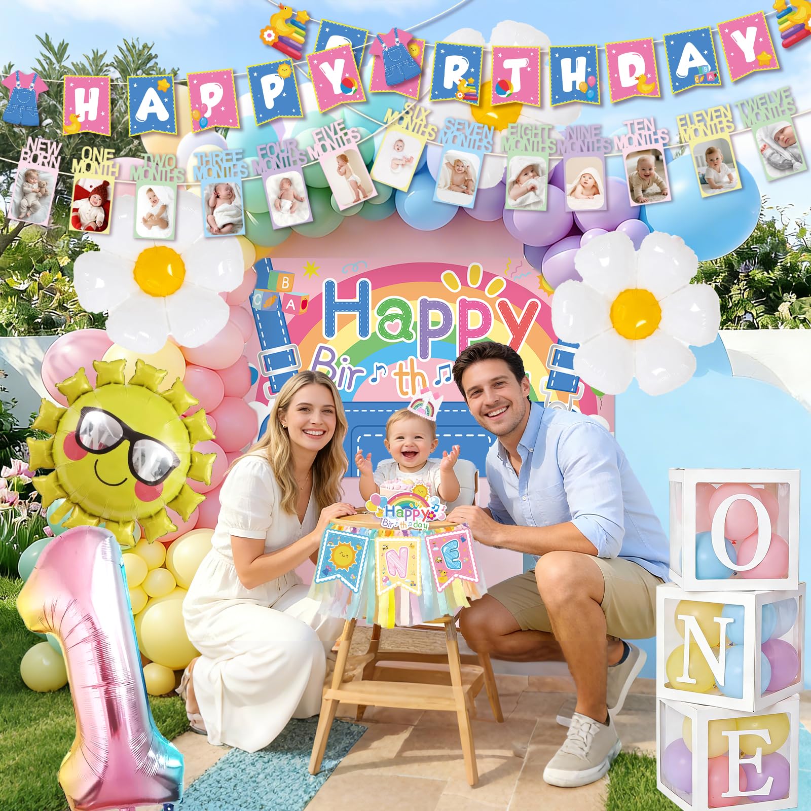 135 pcs Rachell English Teacher Party Supplies, 1st Birthday Decorations Girl & Boy, Photo Banner Balloons Poster Crown High Chair Banner Cake Topper
