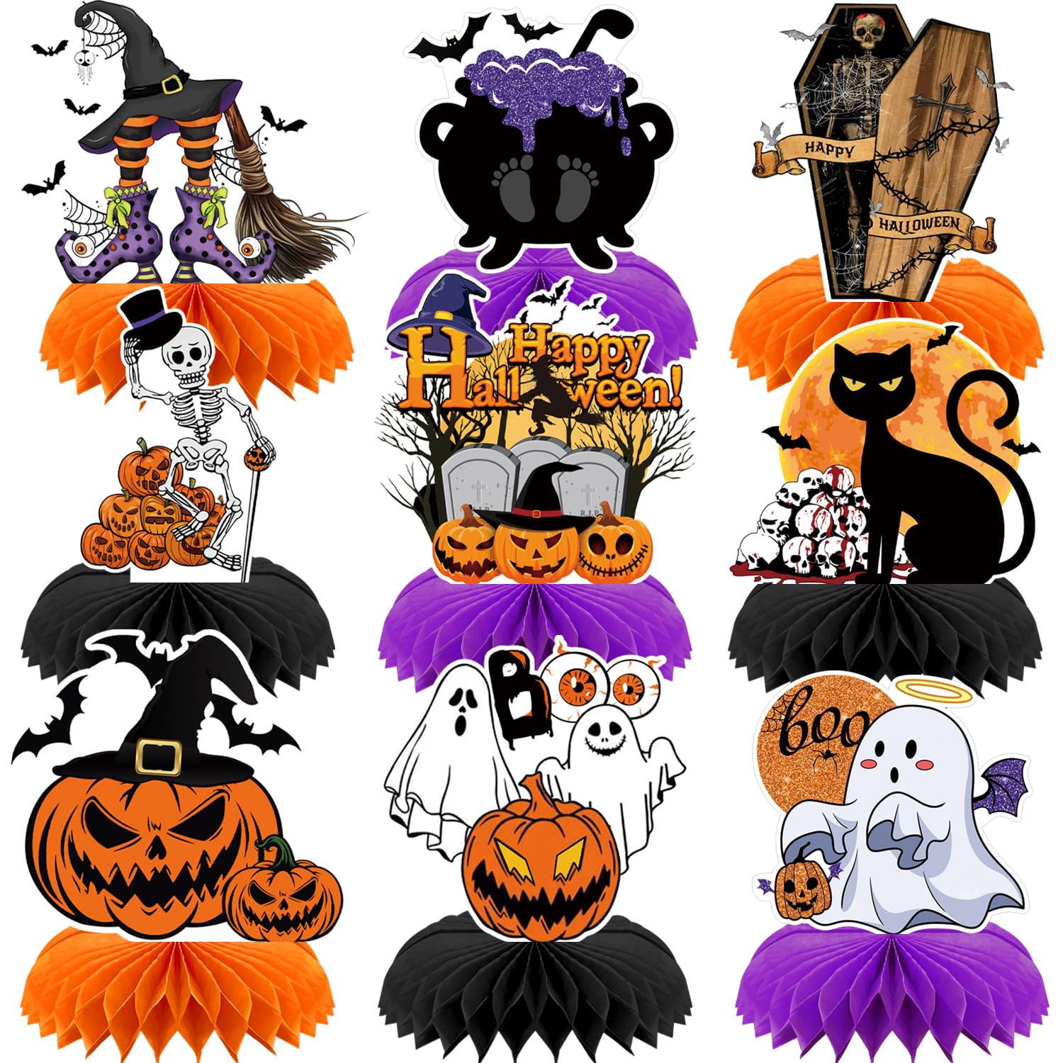 9pcs Halloween Decorations Honeycomb Centerpieces - Halloween Table Decorations for Halloween Parties, Spooky Theme Designs with Witches, Pumpkins