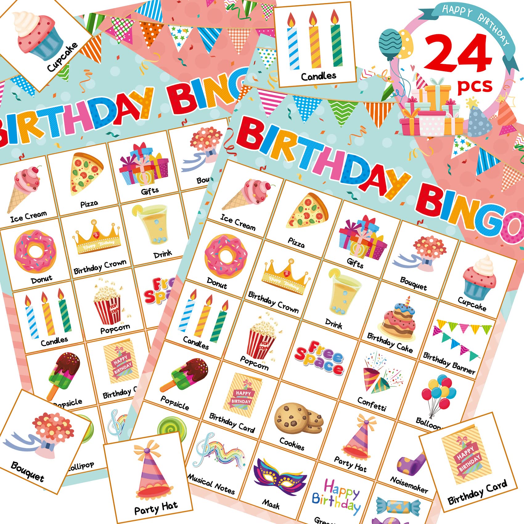 LETILY Birthday Bingo Game 24 Players for Kids - Fun and Festive Patterns for a Memorable Birthday Party
