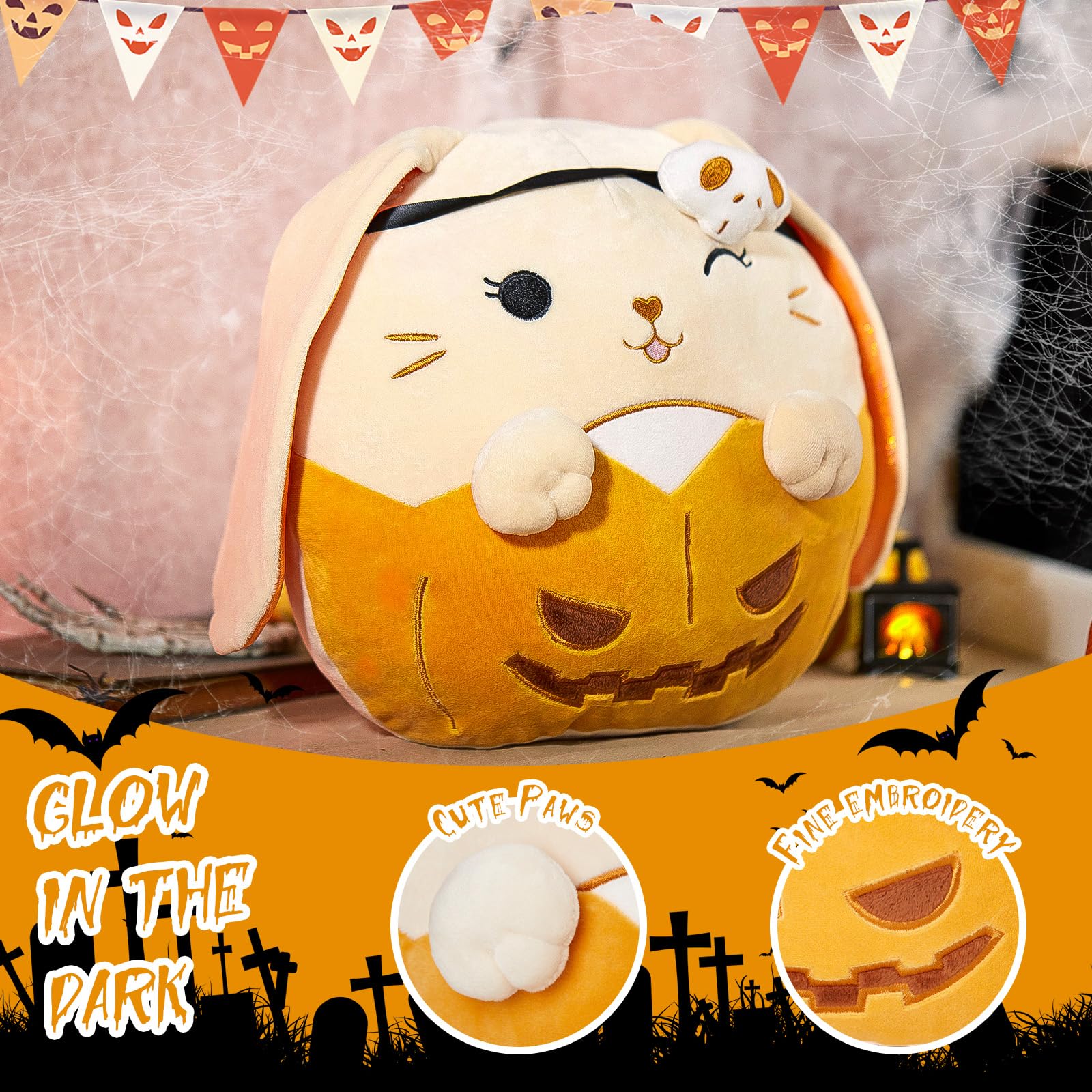 SpecialYou 11.8" Halloween Skull Bunny Plush Pillow, Jack-O-Lantern Lop Eared Bunny Stuffed Animal Plush Toy, Pumpkin Ghost Skull Rabbit Plushie Gift