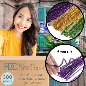 Pack of 300 Gold Purple and Green Metallic Tinsel Pipe Cleaners. Fuzzy Stick Tinsel Stems Mardi Gras Arts and Crafts Shapes, Flowers, Animals, Figures