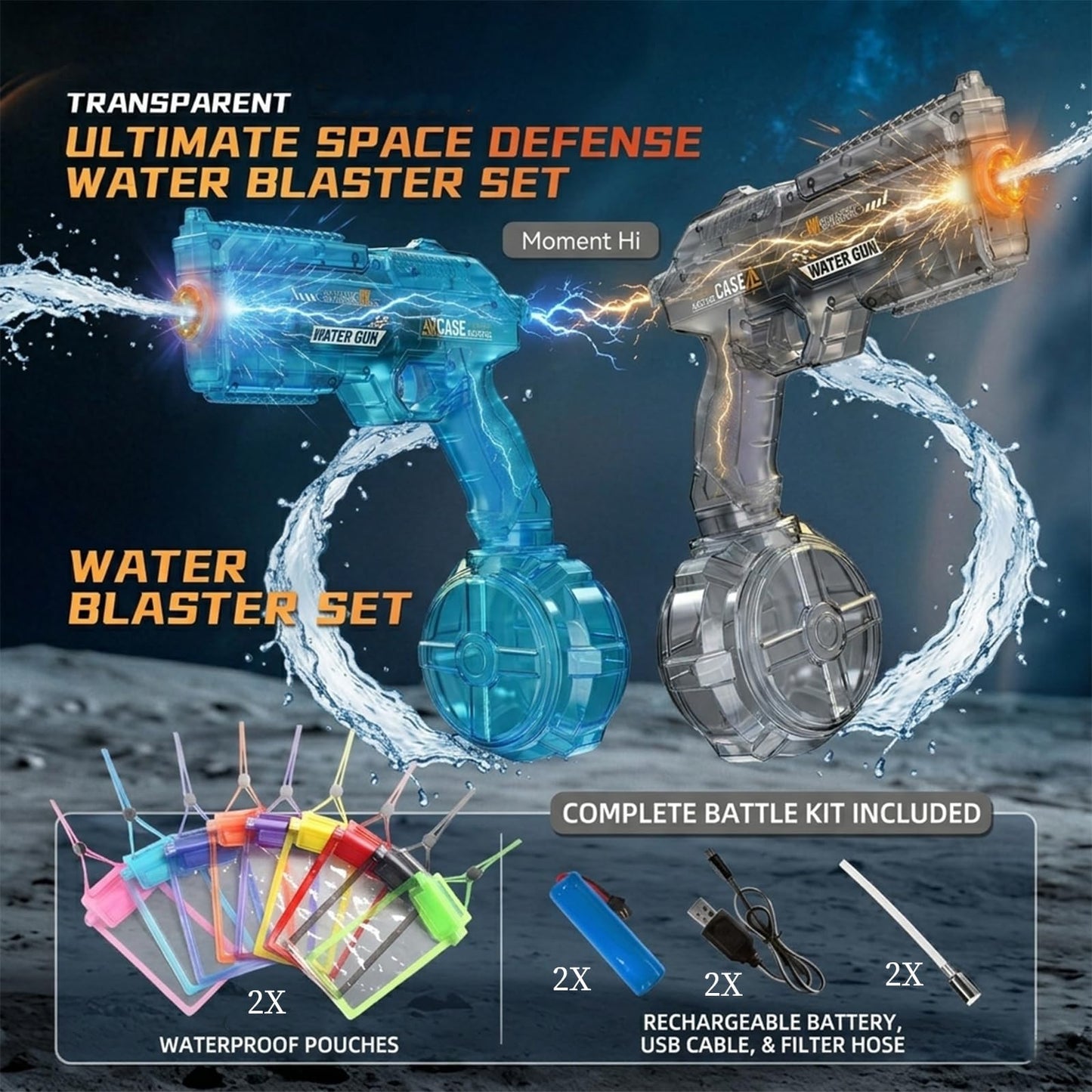 BSTHOK Electric Water Guns Water Blaster 2-Pack, Automatic High-Capacity Water Rifle with Drum Magazine & Red Dot Sight, Transparent Pro Squirt Guns