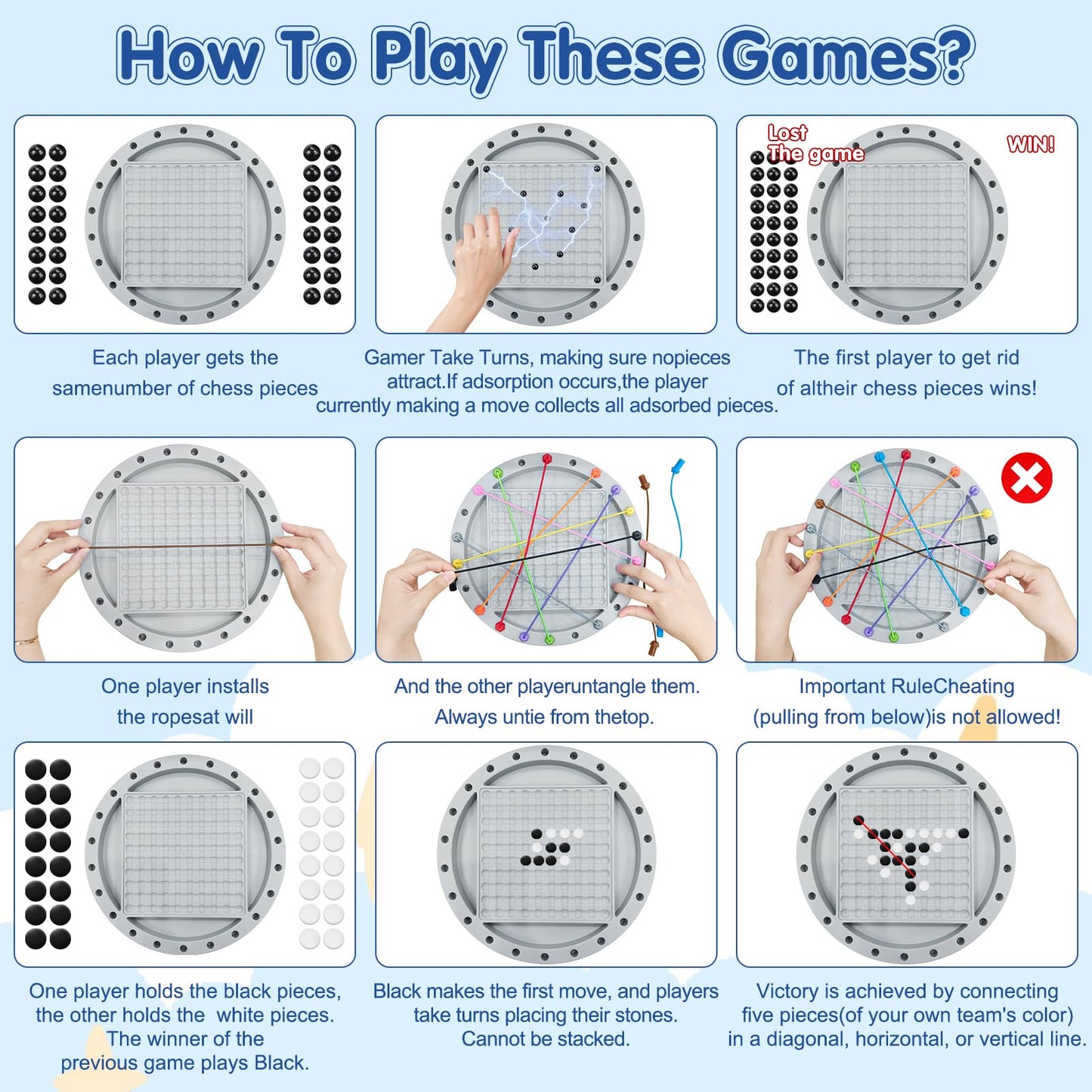 3 in 1 Board Games, 5-in-eine-Reihe-Spiel & Magnetic Chess & Rope Untangling Puzzle Game, Multi-Challenges for Age 8+, Educational Strategy for Kids