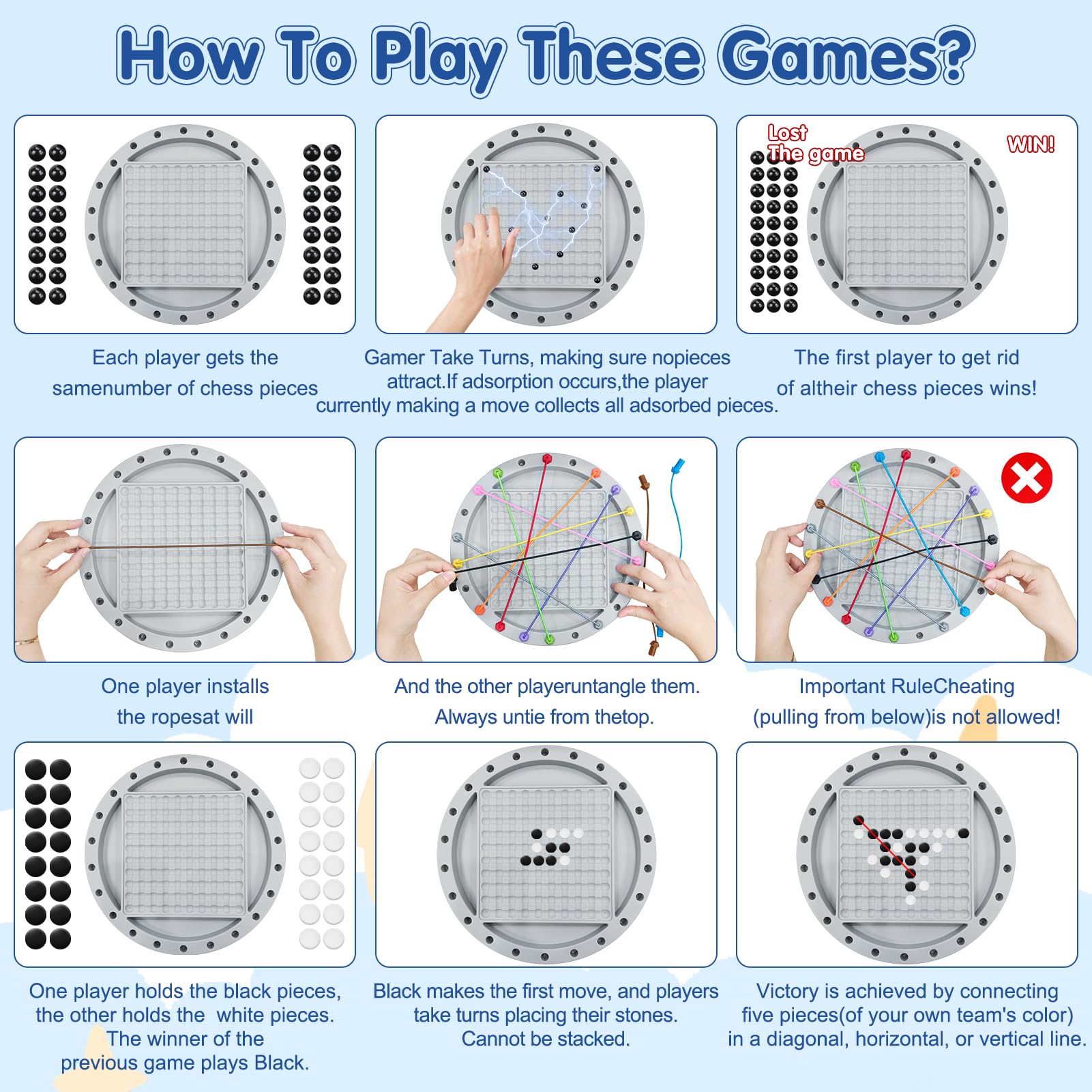 3 in 1 Board Games, 5-in-eine-Reihe-Spiel & Magnetic Chess & Rope Untangling Puzzle Game, Multi-Challenges for Age 8+, Educational Strategy for Kids