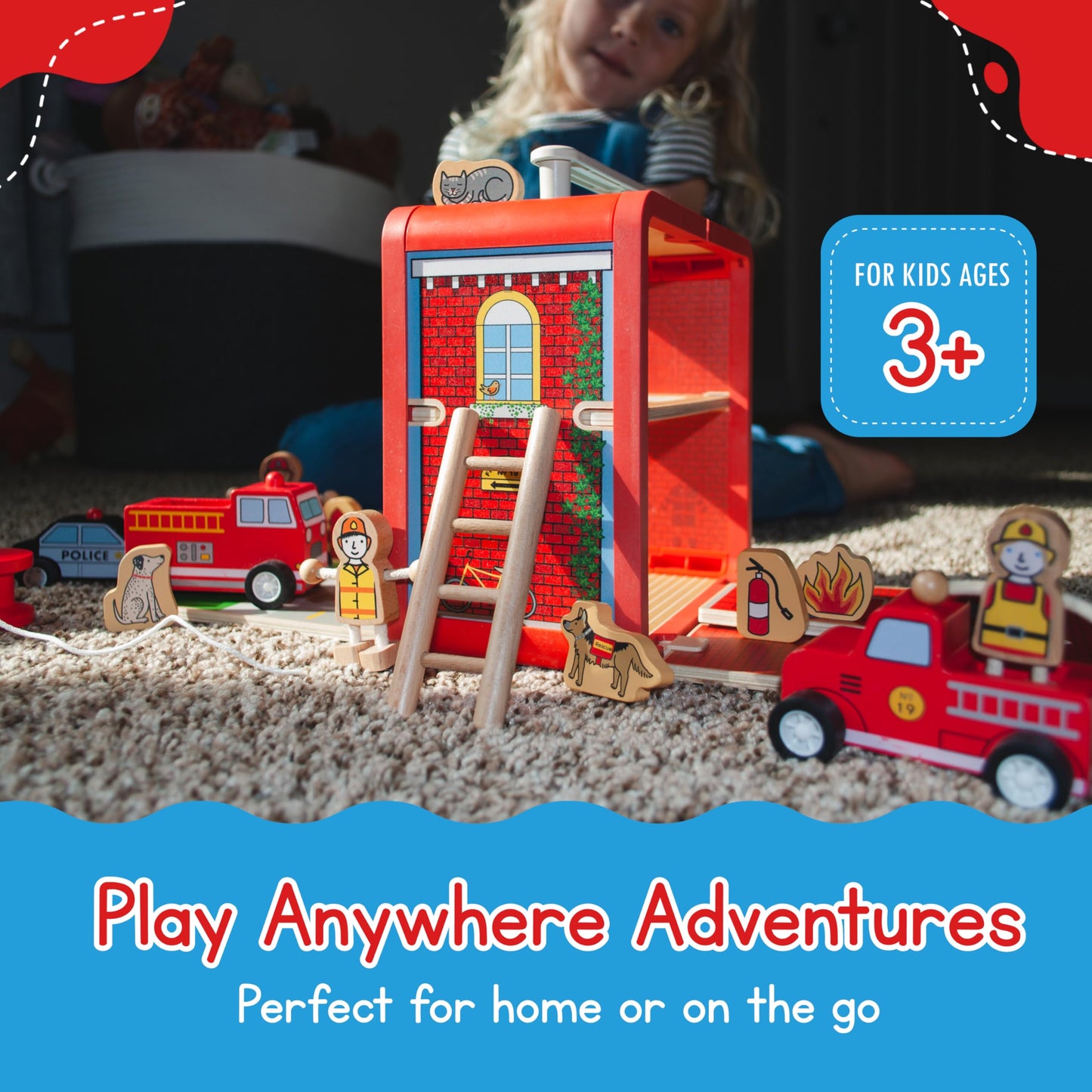 Jack Rabbit Creations Fire House Suitcase Playset - 15 Pieces - Ages 3+