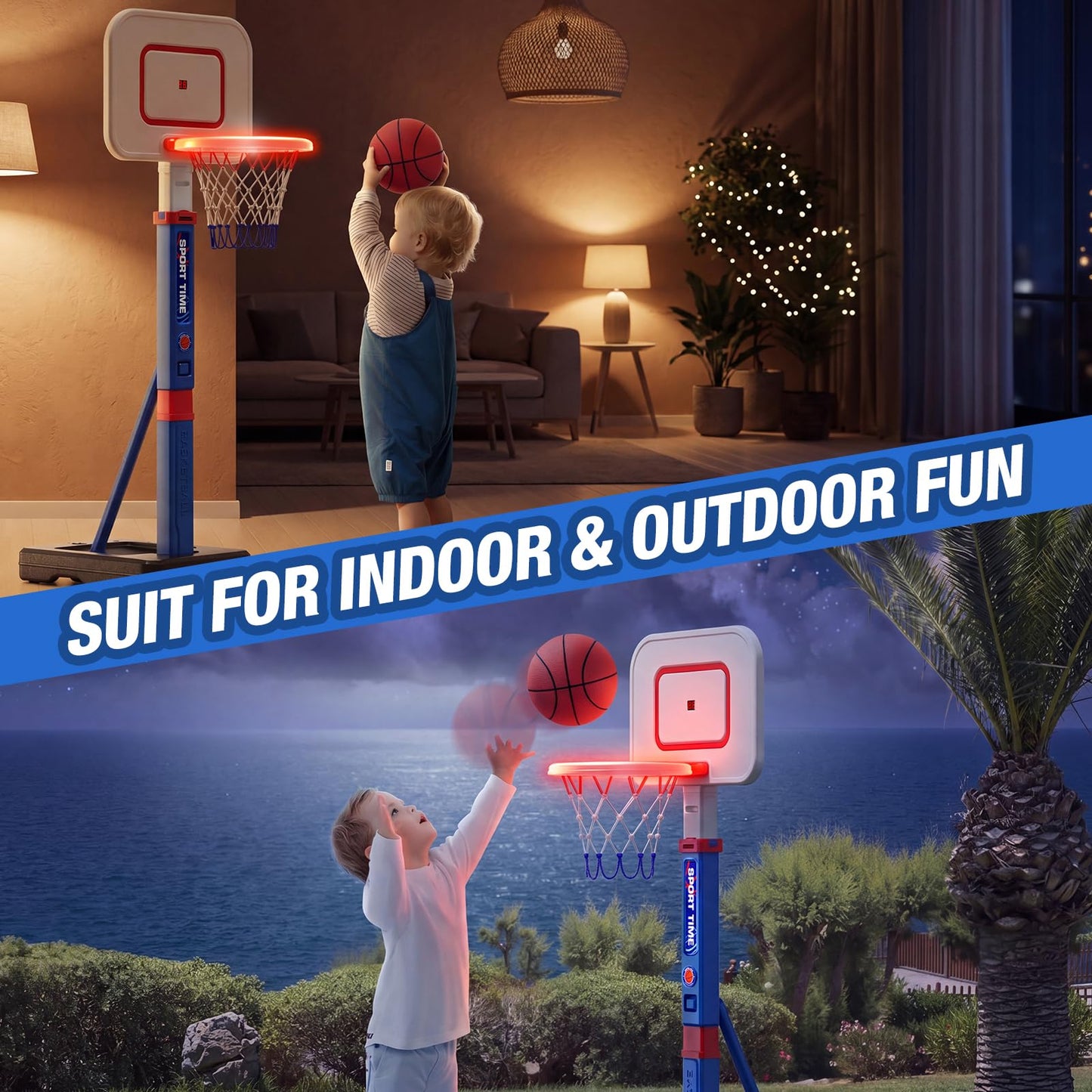 HYES Kids Basketball Hoop with Scoreboard/LED Basketball Rim for Child 3-5