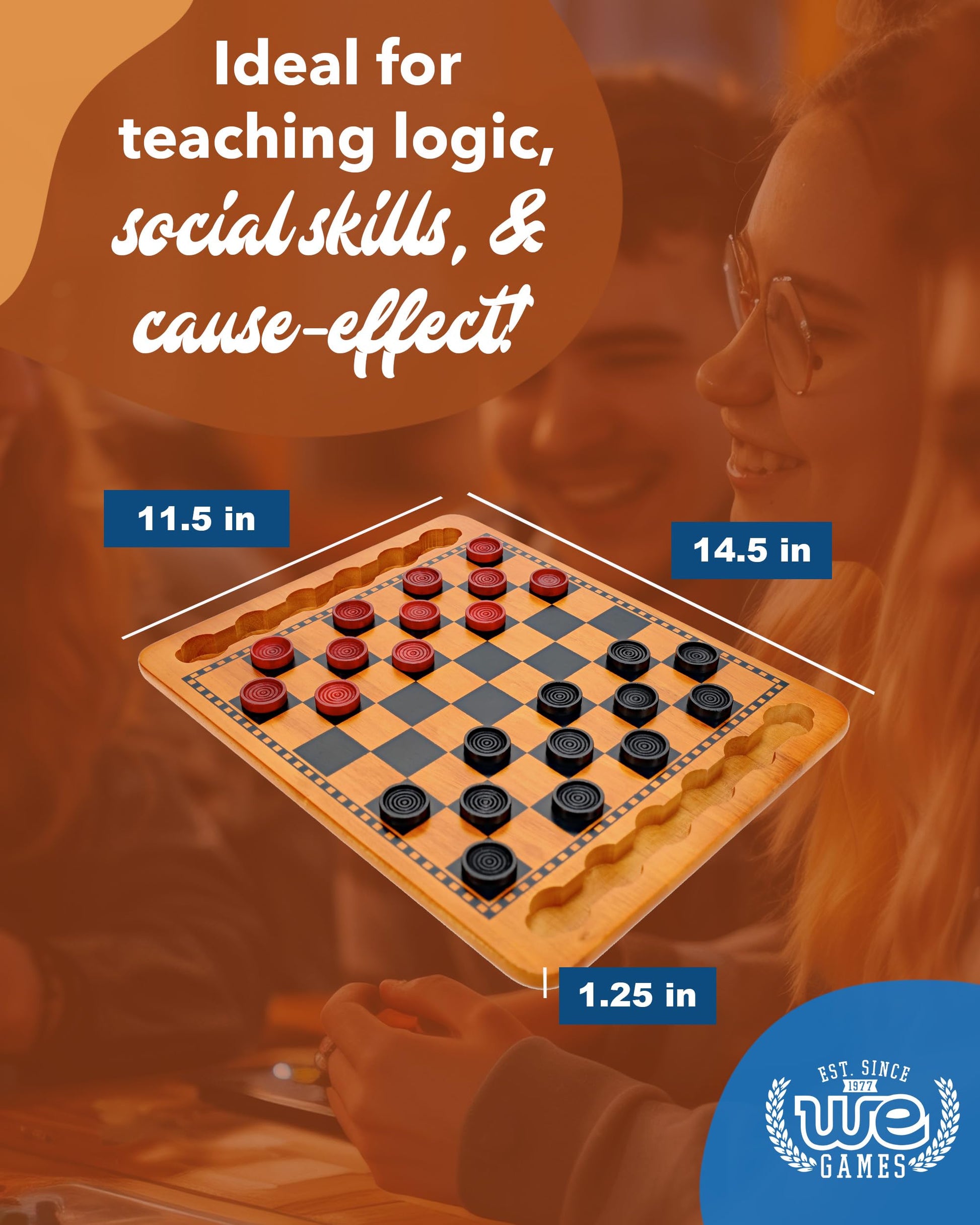 WE Games Solid Wood Checkers Board Game - 14.5-Inch Vintage Checkers Set with Inset Grooves & 24 Red & Black Board Game Pieces - Fun Family Table Game