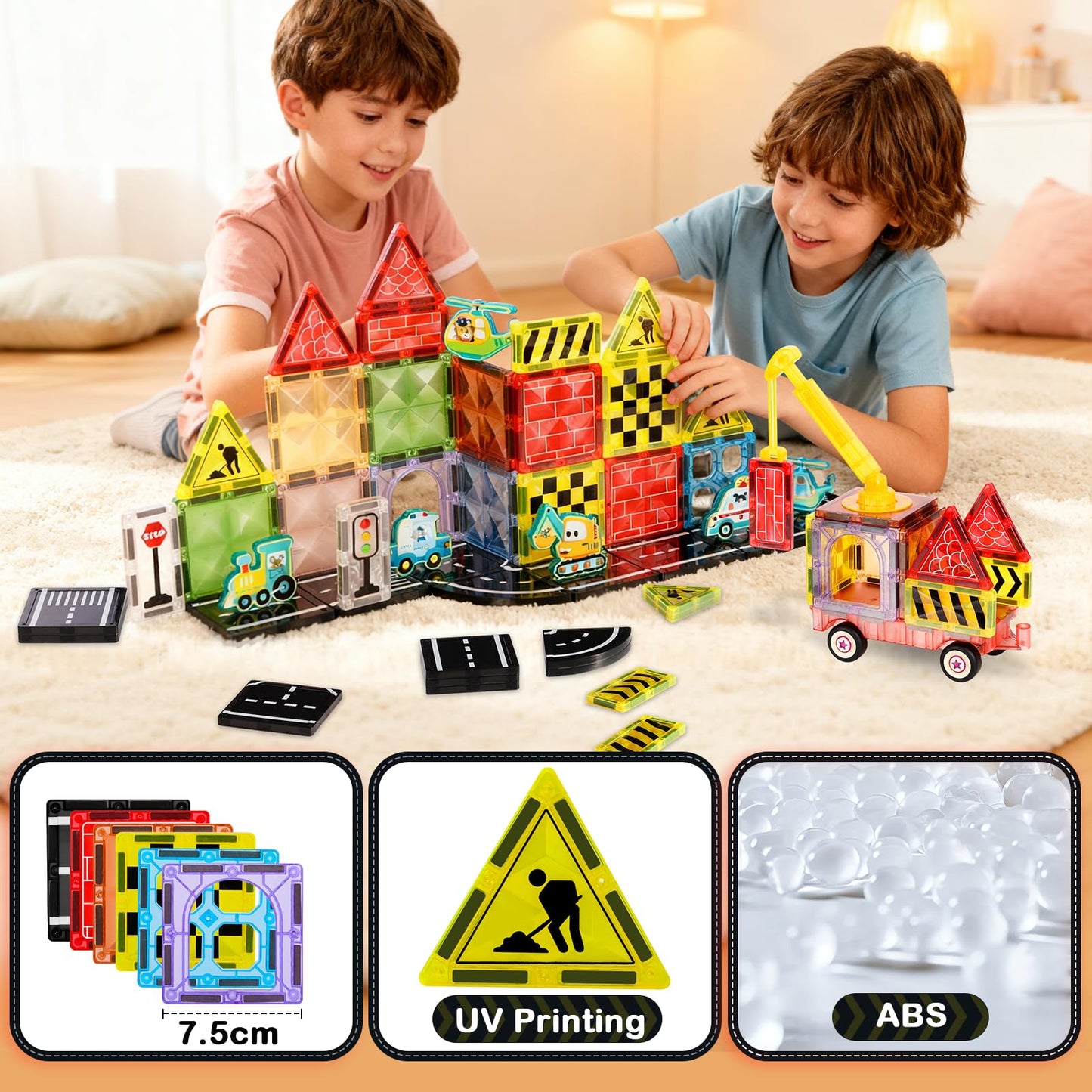 KEPLYKT 80PCS Magnetic Tiles Road Set,2.95" Large Magnetic Tiles with Magnet Car Building Blocks STEM Construction Toys Educational Gifts for Kids