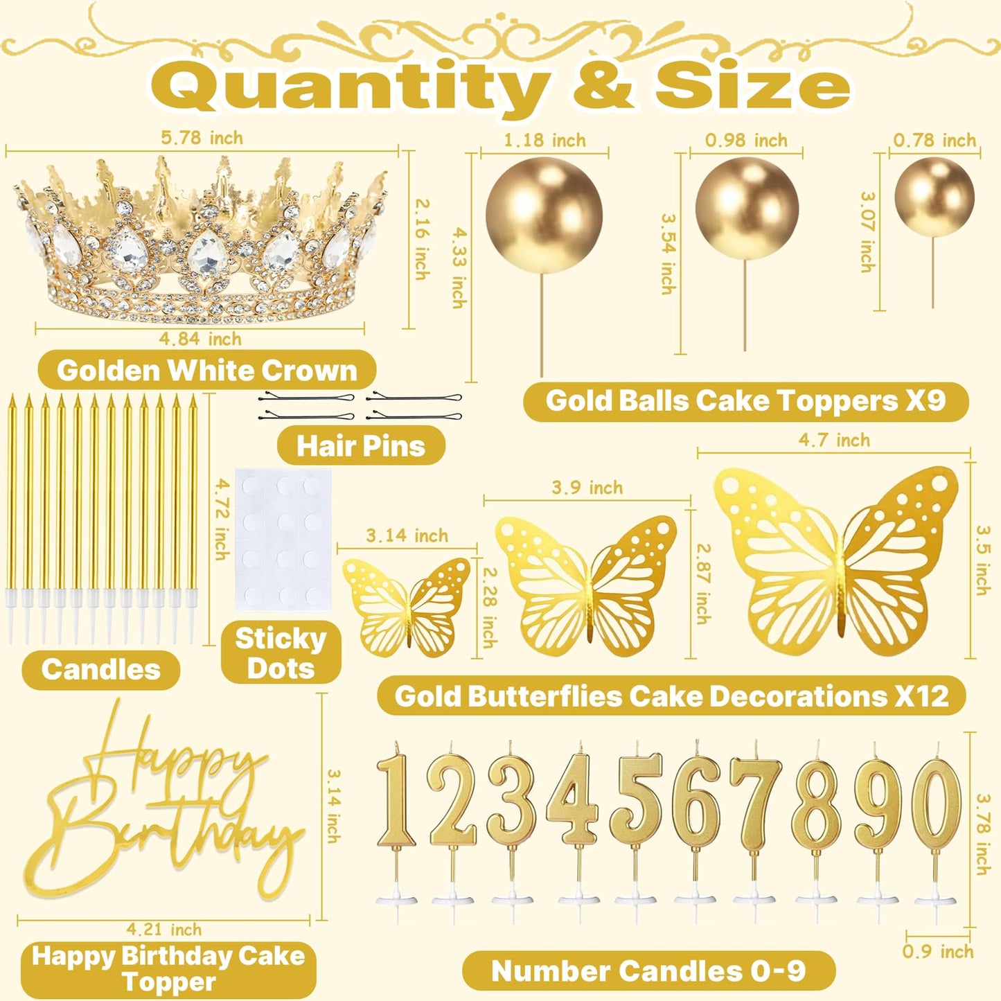 SUTROMA Crown Cake Topper, Corona Para Pastel,Happy Birthday Cake Toppers Candles Balls Butterflies, Cake Decorations for Princess Women Queen Party