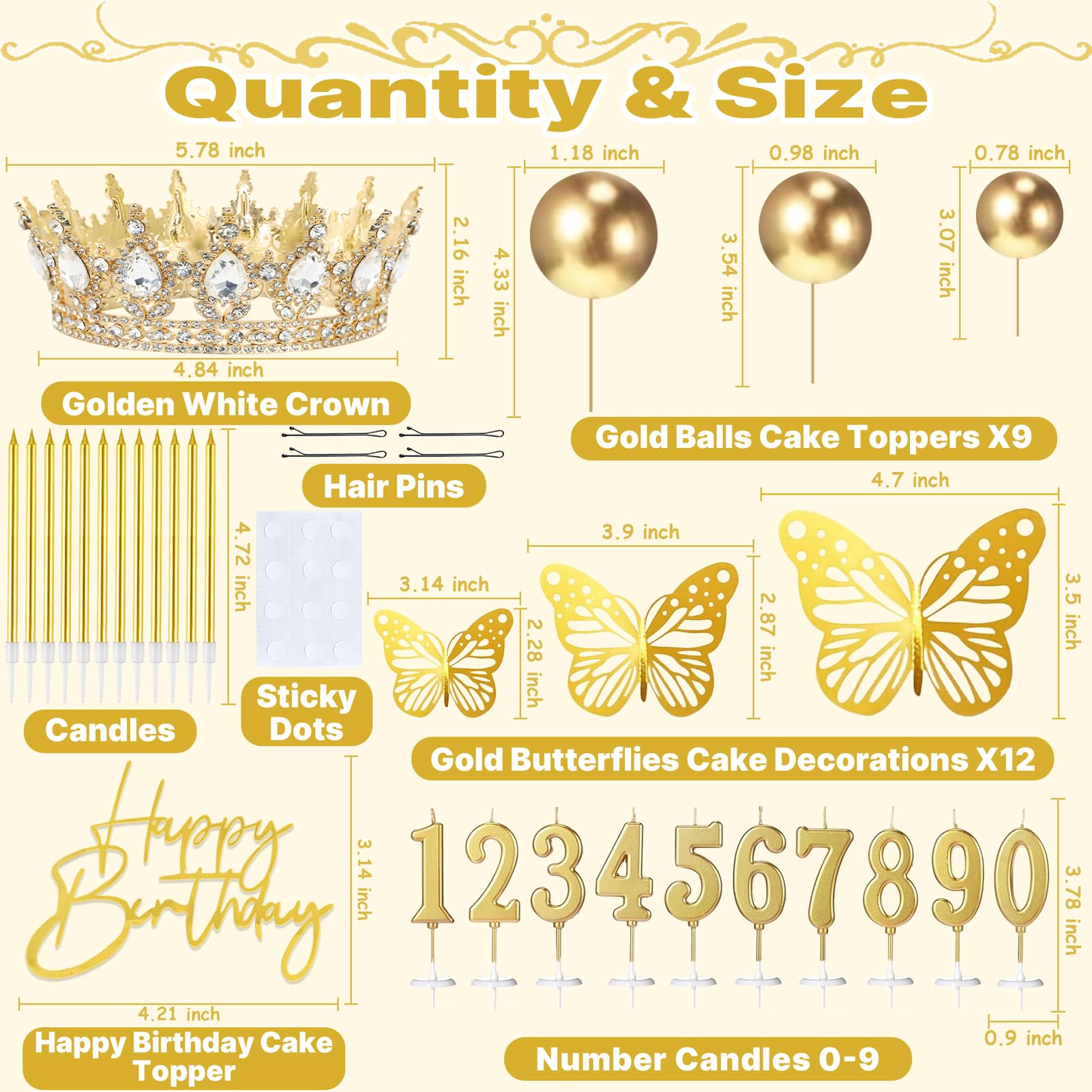 SUTROMA Crown Cake Topper, Corona Para Pastel,Happy Birthday Cake Toppers Candles Balls Butterflies, Cake Decorations for Princess Women Queen Party