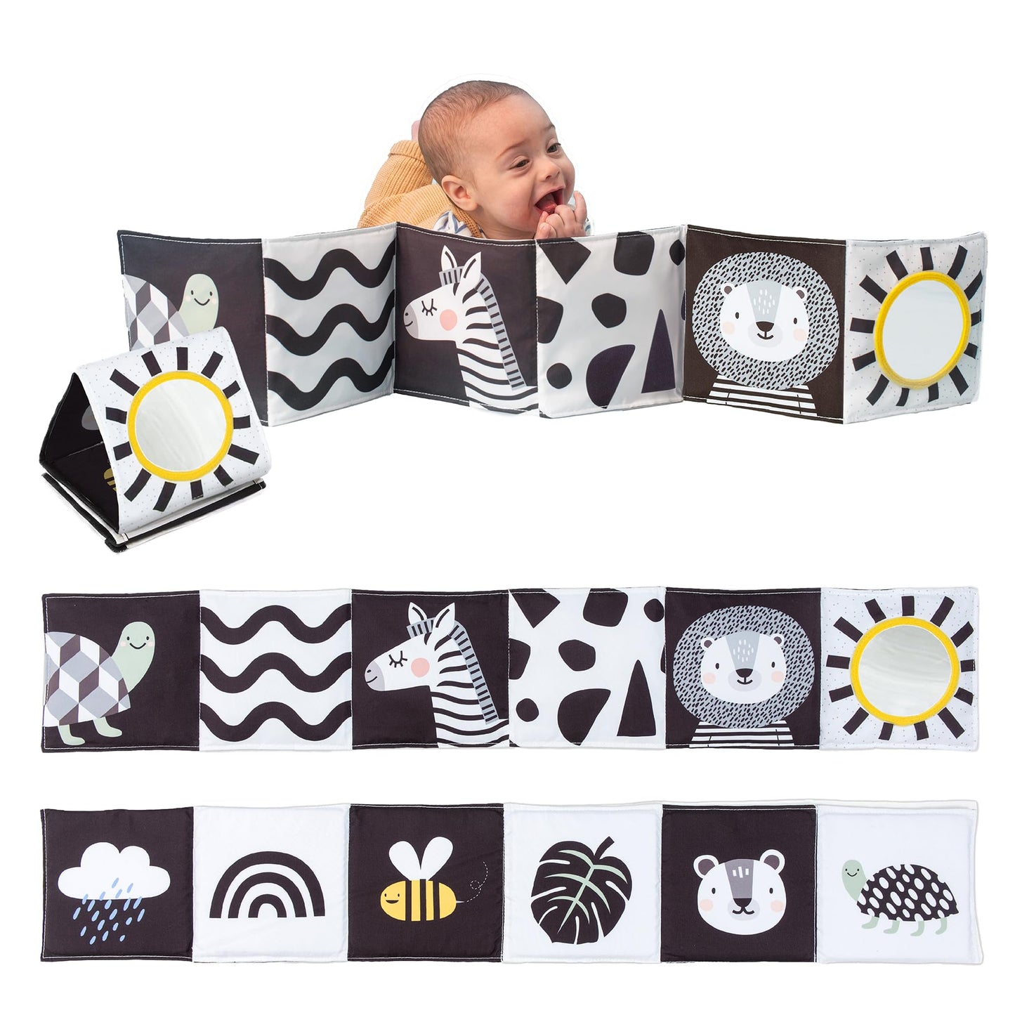 Taf Toys Newborn Soft Activity Book Black & White High Contrast Baby Book Infant Sensory Toys Tummy Time Soft Cloth Books for Babies Textured Fabric