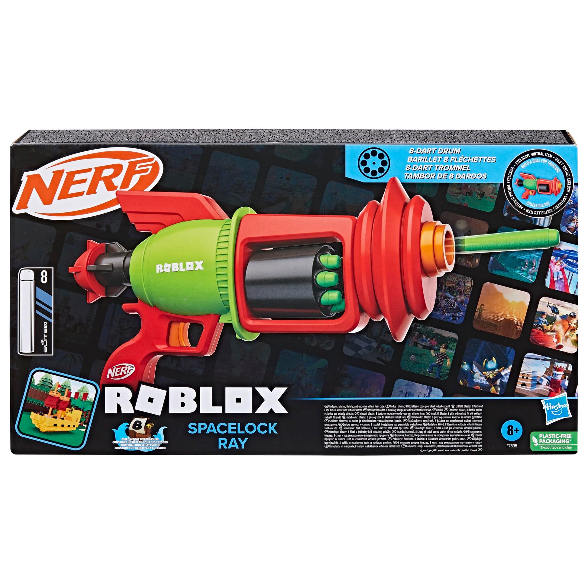 Nerf Roblox Build A Boat for Treasure: Spacelock Ray Blaster, Includes Code to Redeem Exclusive Virtual Item, 8 Elite Darts