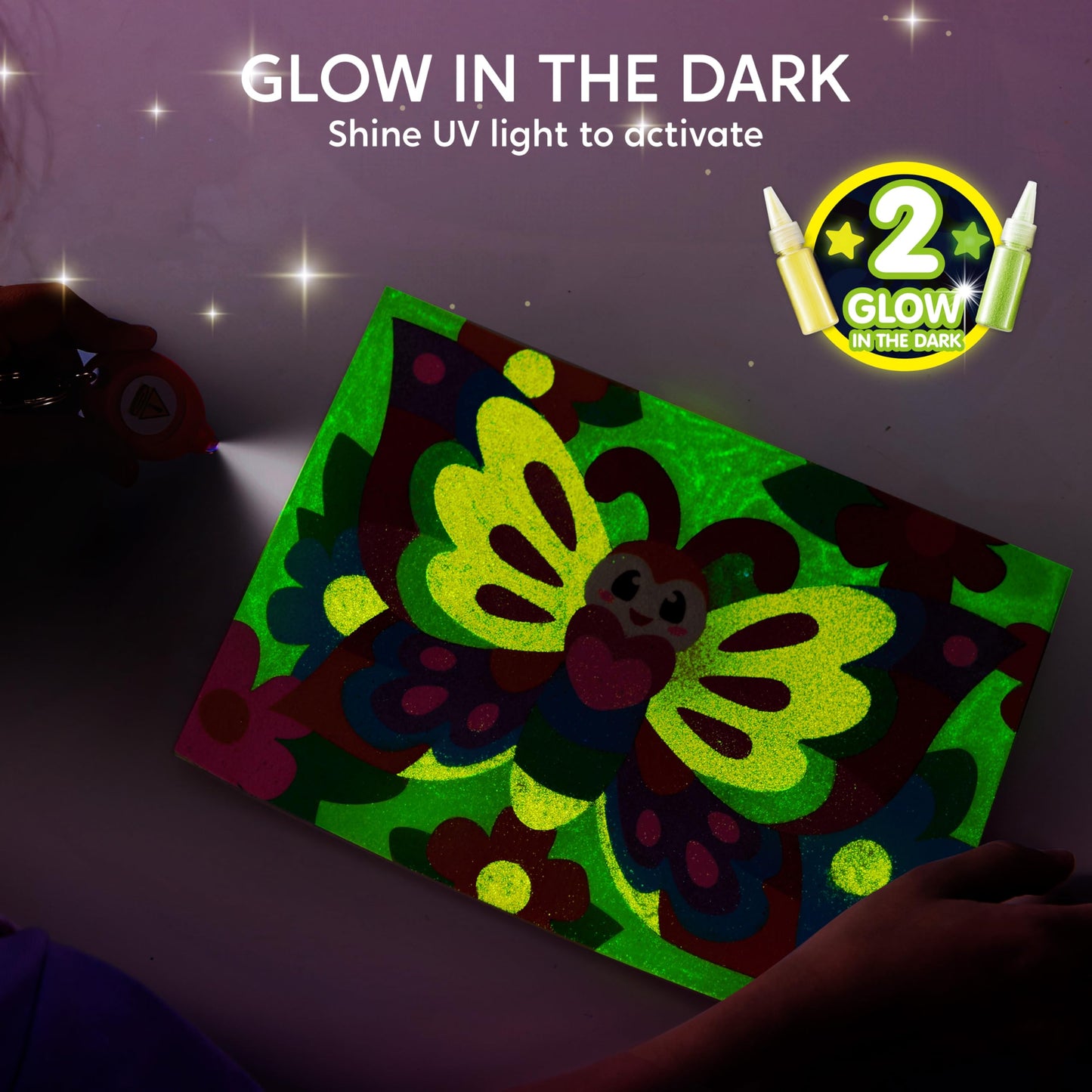 JOVA Klever Kits Glow Sand Art Kits for Kids, Glow in The Dark Sand Painting with 14 Colors, Kids Crafts, 6 Fantasy Templates & 4 DIY Sheets, Mess