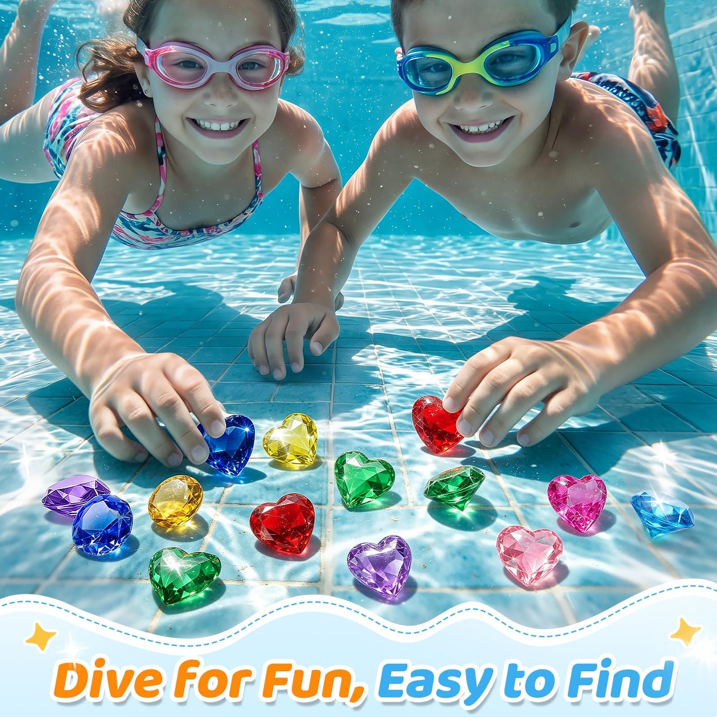 Niceup 28pc Diving Gems Pool Toys, 40mm Acrylic Diamonds and Hearts