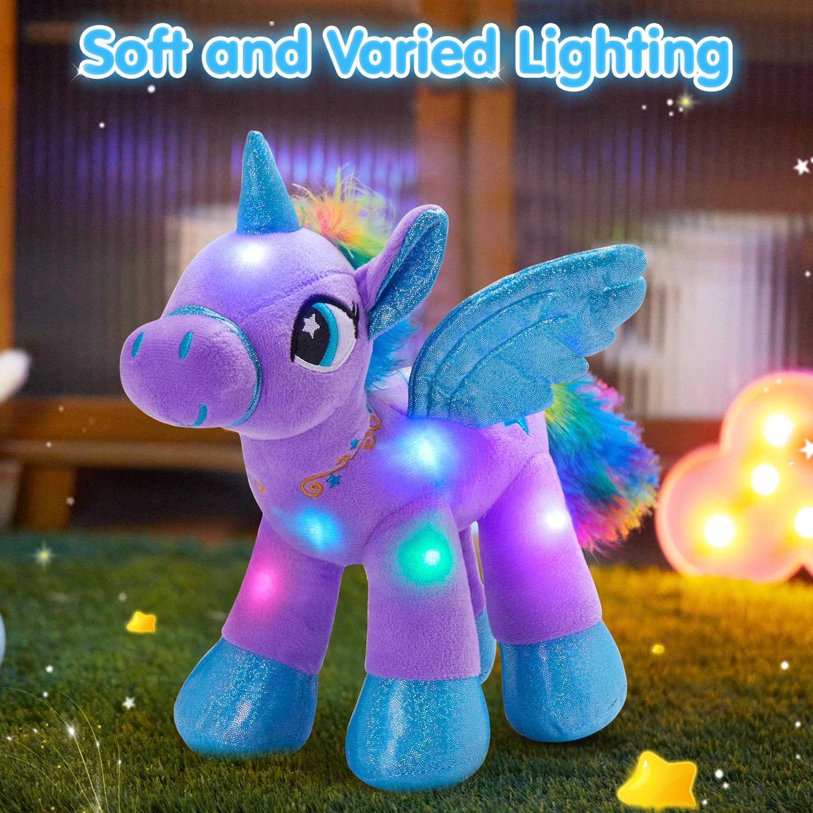 Houwsbaby 14'' Purple LED Light Up Unicorn Stuffed Animal,Unicorn Plush Toy,Glowing Horse Plush Toy Night Light Glitter Present for Kids Boys Girls