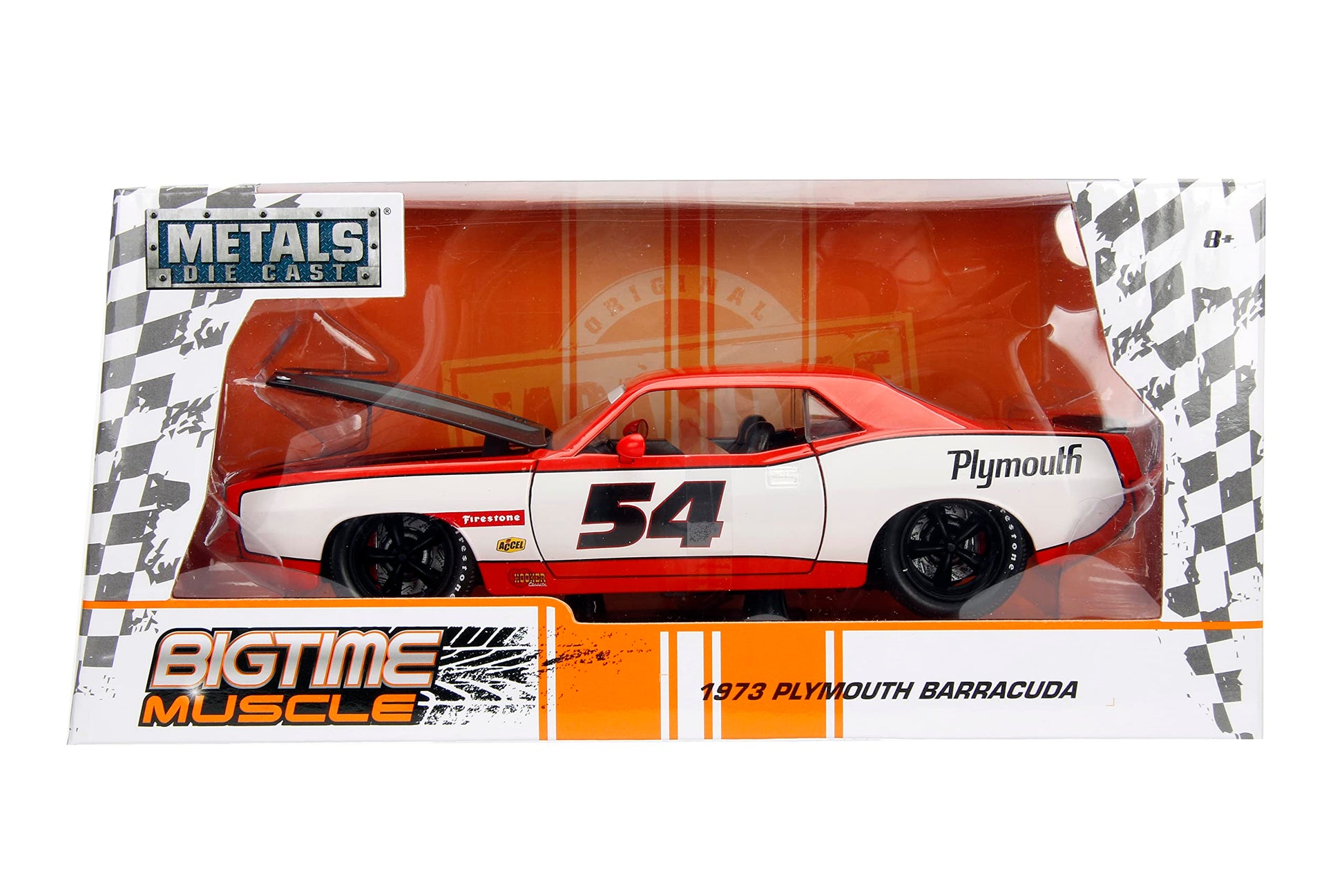 Big Time Muscle 1:24 1973 Plymouth Barracuda Die-Cast Car, Toys for Kids and Adults(Orange)