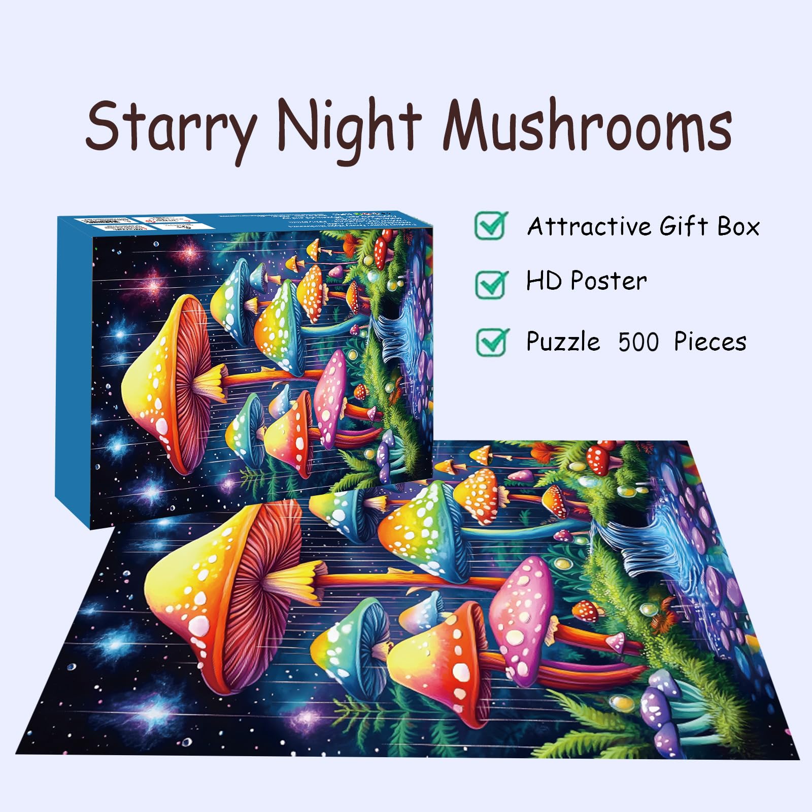 Puzzles for Adults 500 Pieces, Mushroom Jigsaw Puzzles - Starry Night Mushrooms, Impossible Glow in The Dark Puzzle for Seniors Family, 14.96x20.47