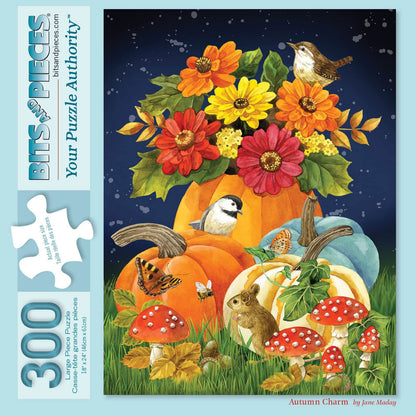Bits and Pieces - 300 Piece Jigsaw Puzzle for Adults - Autumn Charm - Fall Pumpkins Woodland Creatures Jigsaw Puzzle by Artist Jane Maday, Completed